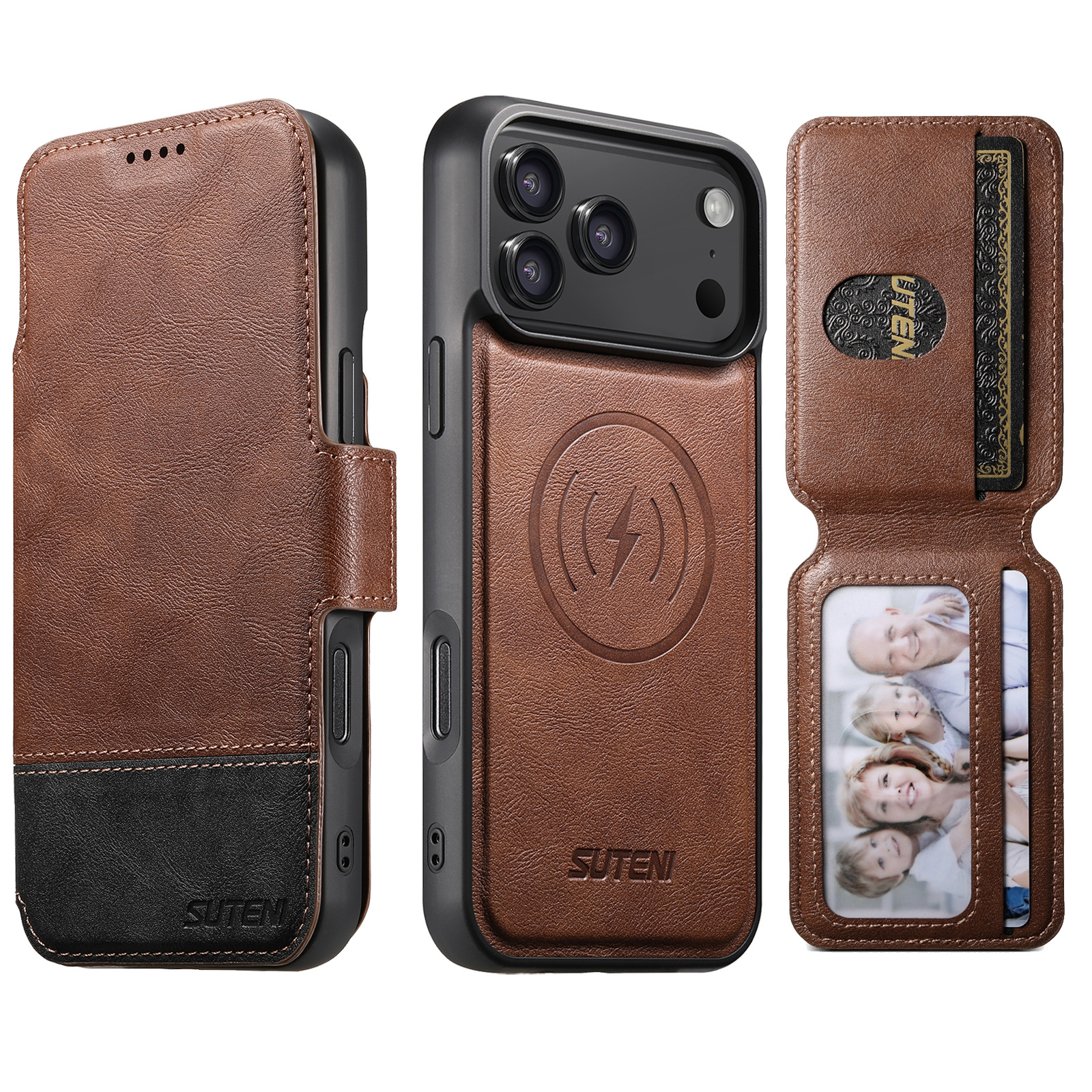 SUTENI Q06S3 Faux Leather Wireless Charging Card Holder Stand Wallet Magnetic Flip Cover Phone Case For iPhone 17 Pro Max 16 Plus 15 14 13 12