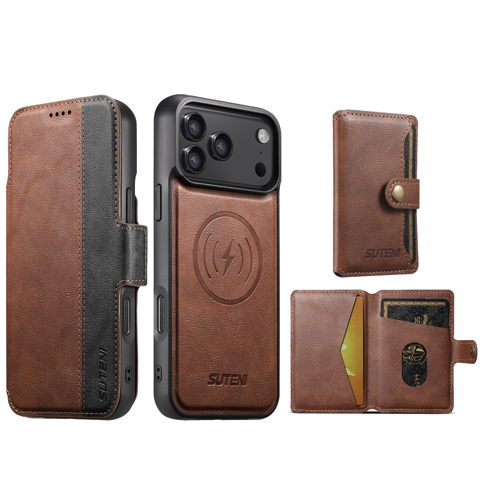 SUTENI Q07S1 Faux Leather Wireless Charging Card Holder Stand Wallet Magnetic Flip Cover Phone Case For iPhone 17 Pro Max 16 Plus 15 14 13 12