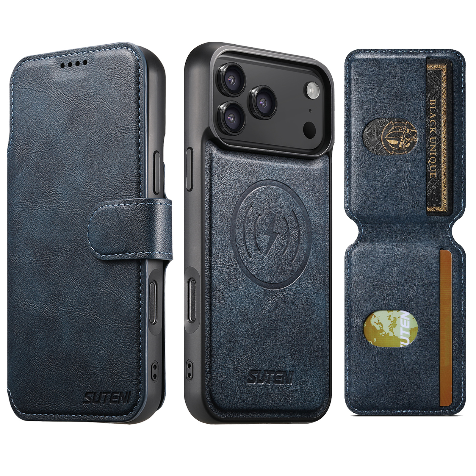 SUTENI Q05S2 Faux Leather Wireless Charging Card Holder Stand Wallet Magnetic Flip Cover Phone Case For iPhone 17 Pro Max 16 Plus 15 14 13 12