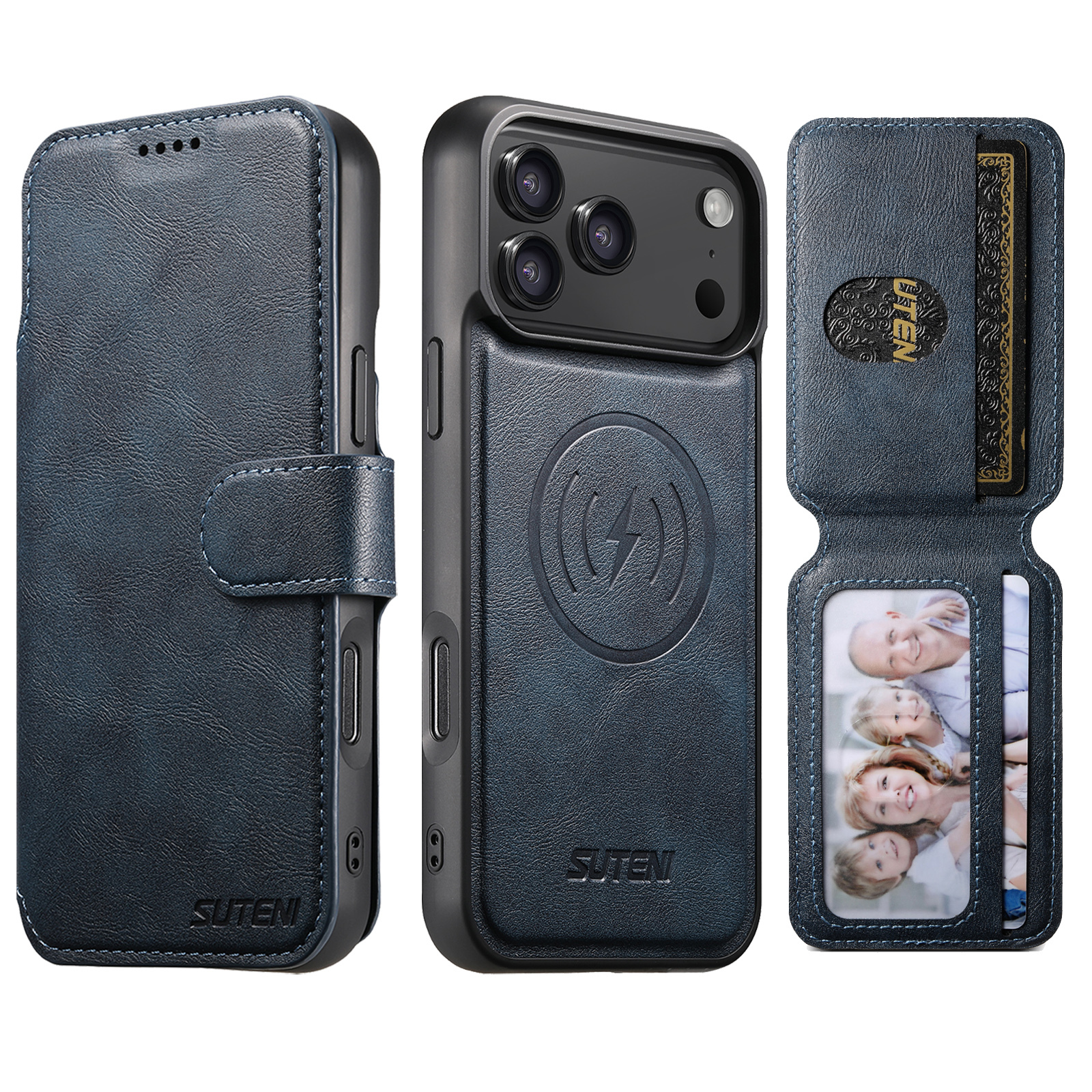 SUTENI Q05S3 Faux Leather Wireless Charging Card Holder Stand Wallet Magnetic Flip Cover Phone Case For iPhone 17 Pro Max 16 Plus 15 14 13 12