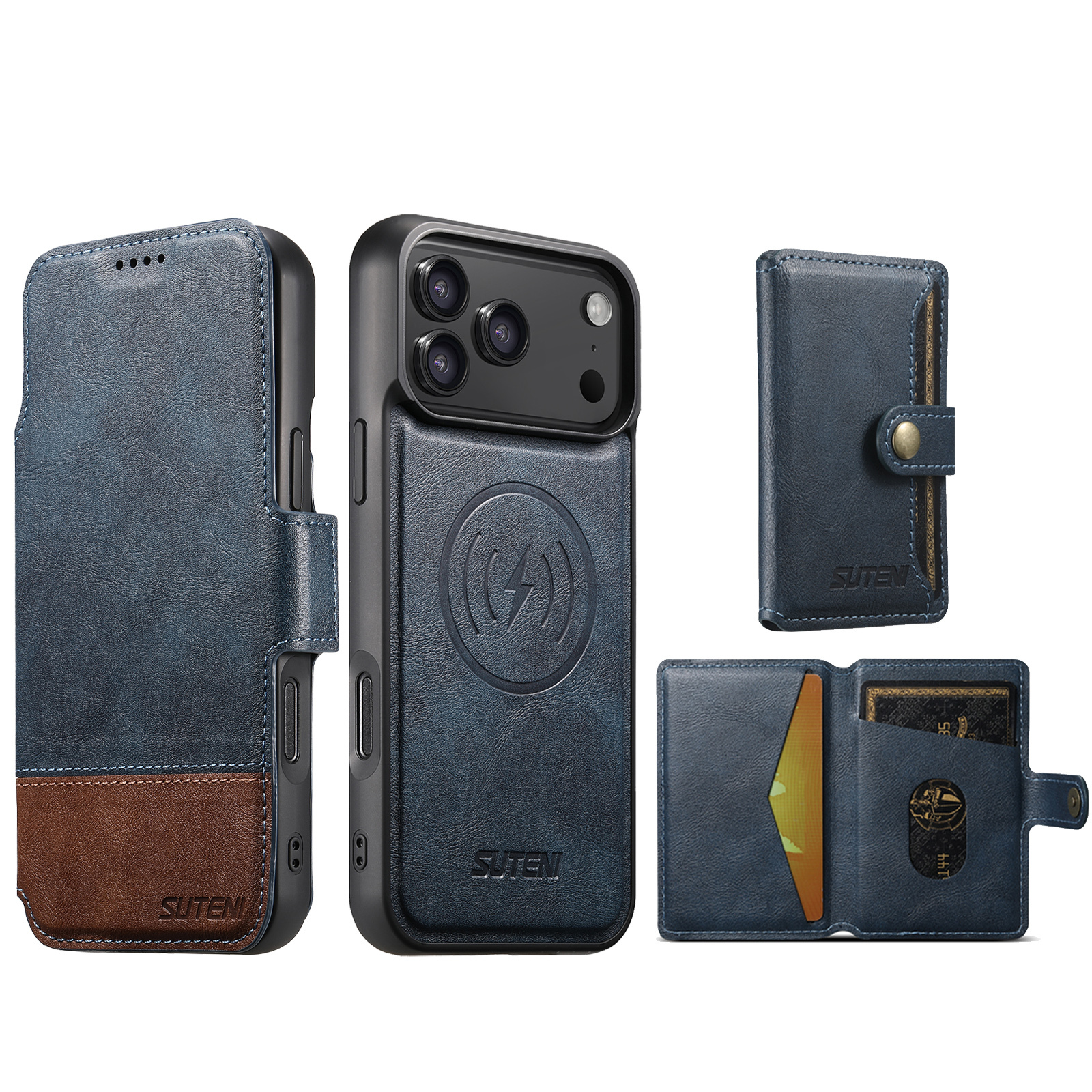 SUTENI Q06S1 Faux Leather Wireless Charging Card Holder Stand Wallet Magnetic Flip Cover Phone Case For iPhone 17 Pro Max 16 Plus 15 14 13 12