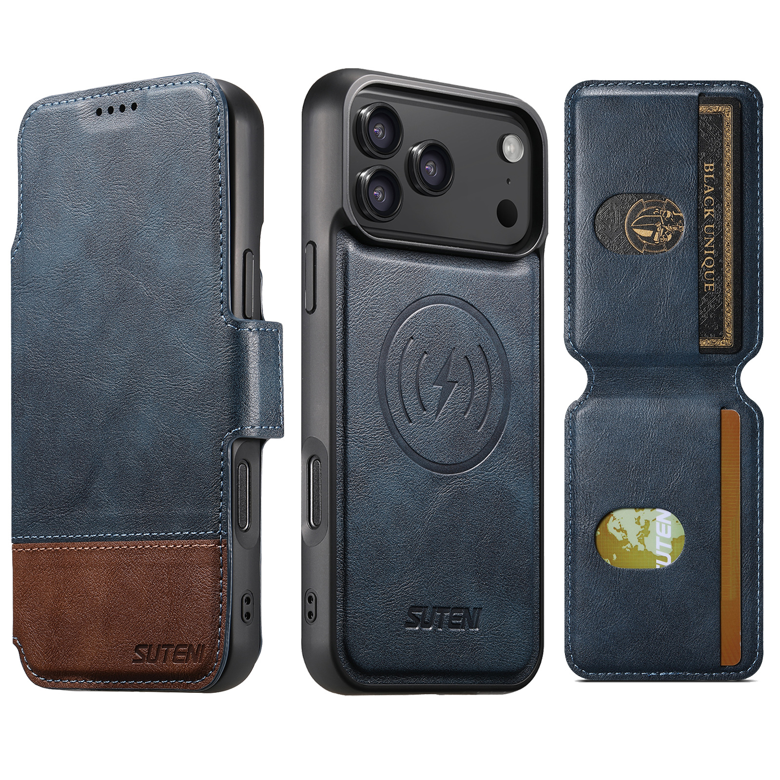 SUTENI Q06S2 Faux Leather Wireless Charging Card Holder Stand Wallet Magnetic Flip Cover Phone Case For iPhone 17 Pro Max 16 Plus 15 14 13 12