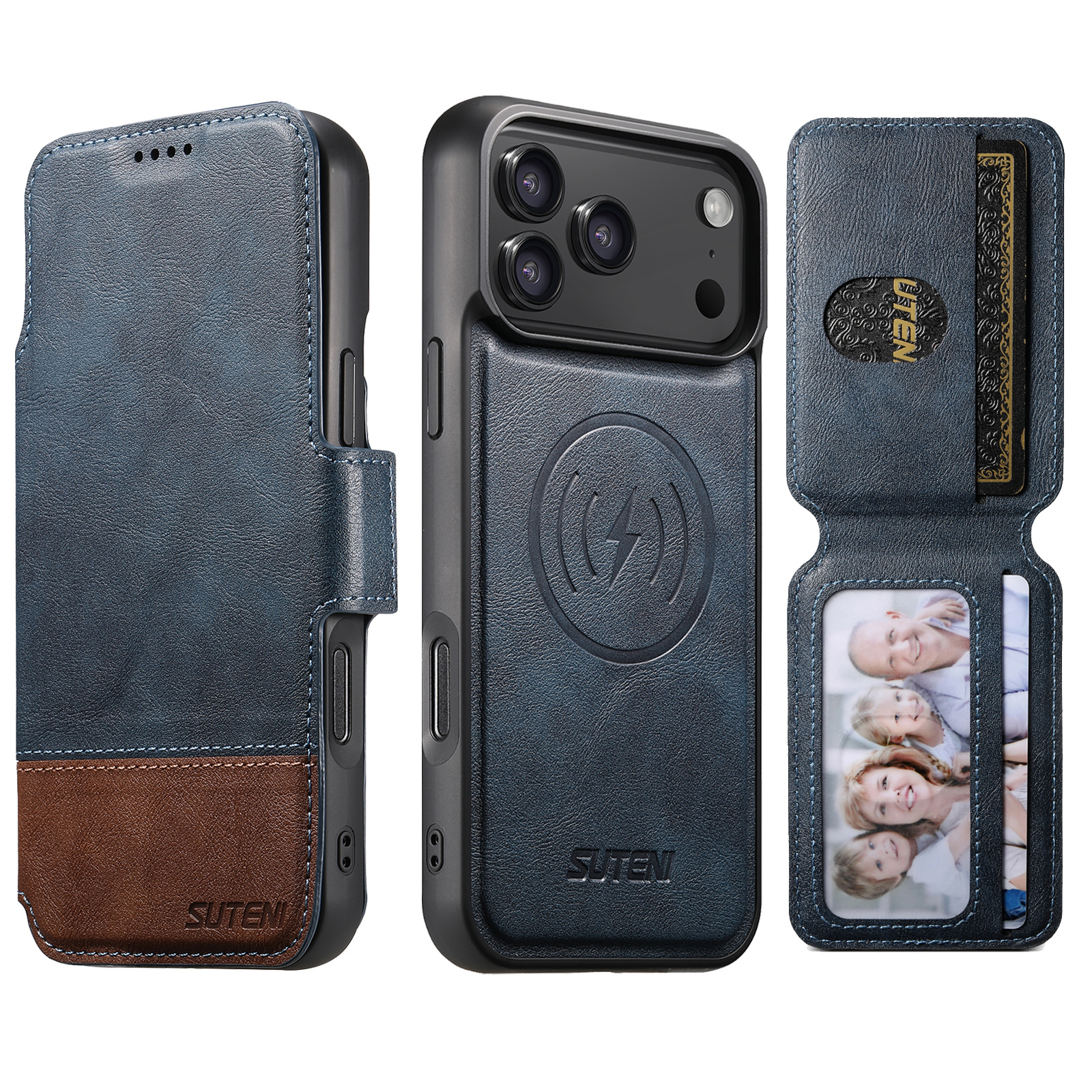 SUTENI Q06S3 Faux Leather Wireless Charging Card Holder Stand Wallet Magnetic Flip Cover Phone Case For iPhone 17 Pro Max 16 Plus 15 14 13 12