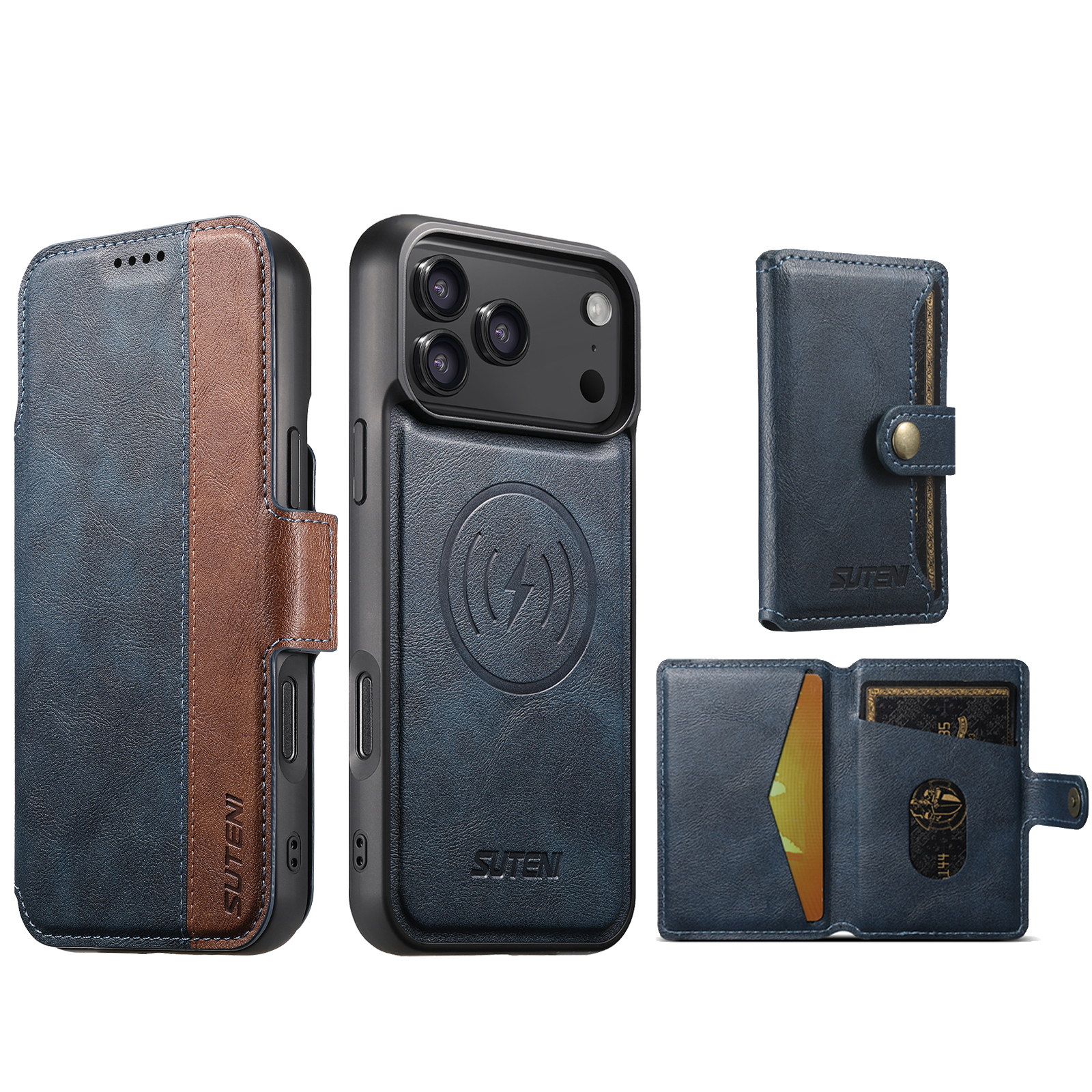 SUTENI Q07S1 Faux Leather Wireless Charging Card Holder Stand Wallet Magnetic Flip Cover Phone Case For iPhone 17 Pro Max 16 Plus 15 14 13 12