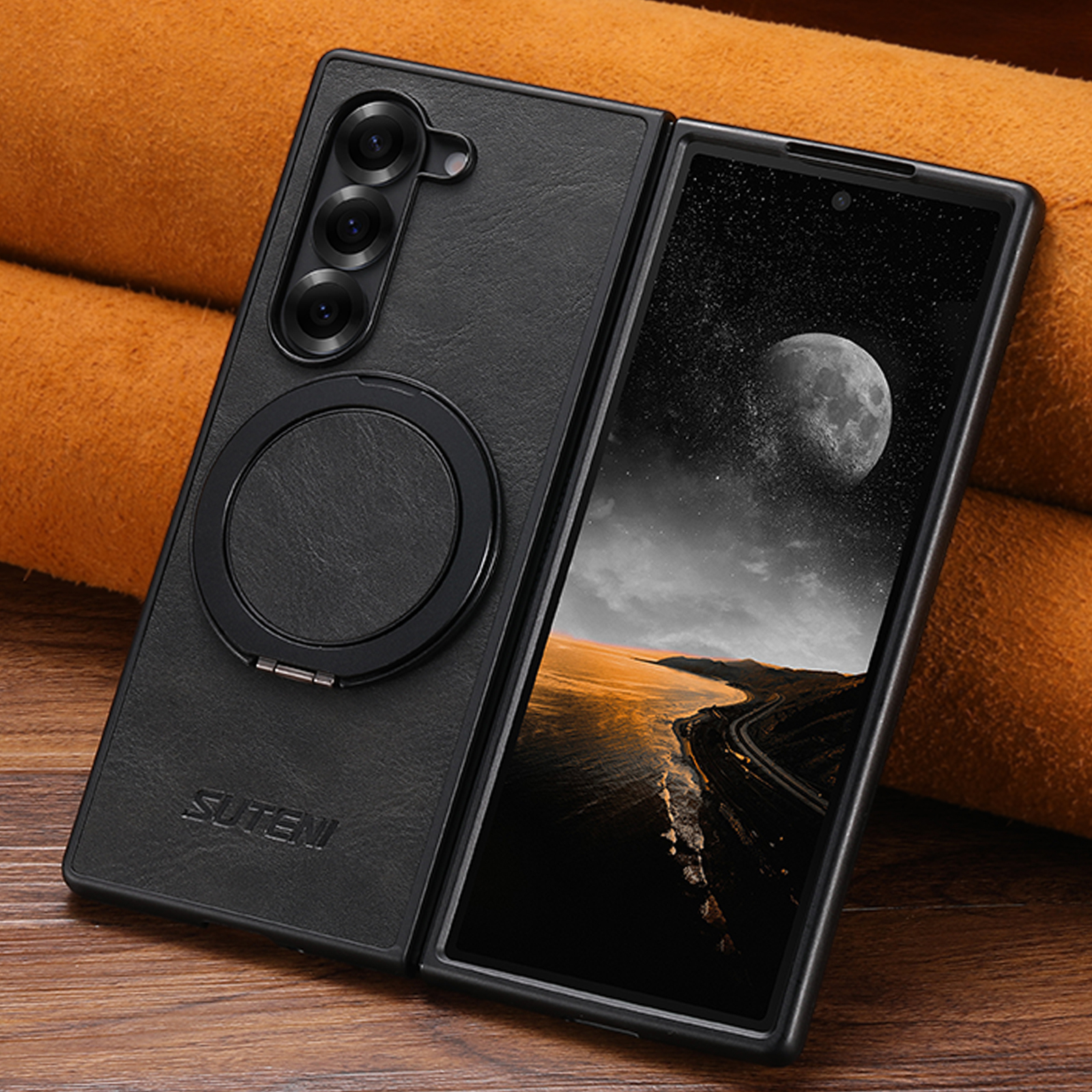 SUTENI G3YL Magnet Wireless Charging Phone Case Oil Wax Faux Leather 360° Rotating Stand Buckle For Samsung Galaxy Z Fold 7 6 5