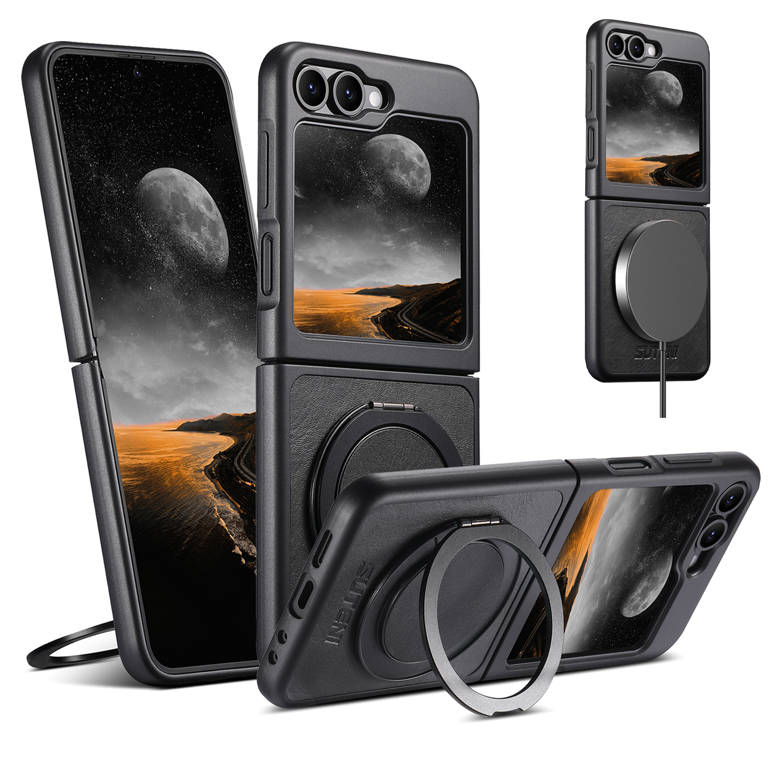 SUTENI Magnet Wireless Charging G3YL Phone Case Oil Wax Faux Leather 360° Rotating Stand Buckle For Samsung Galaxy Z Flip 7 6 5