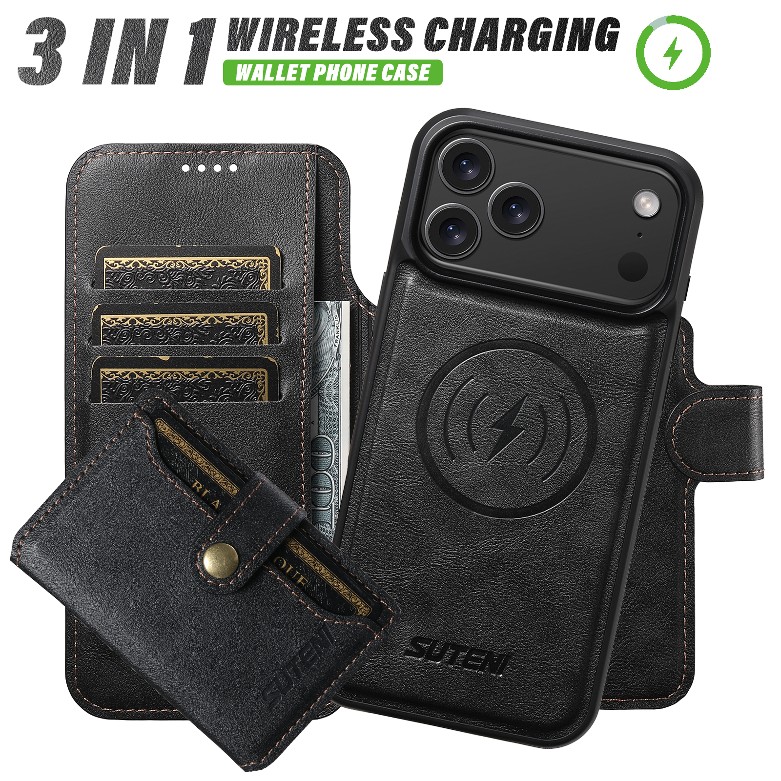 SUTENI Q05S1 Faux Leather Wireless Charging Card Holder Stand Wallet Magnetic Flip Cover Phone Case For iPhone 17 Pro Max 16 Plus 15 14 13 12