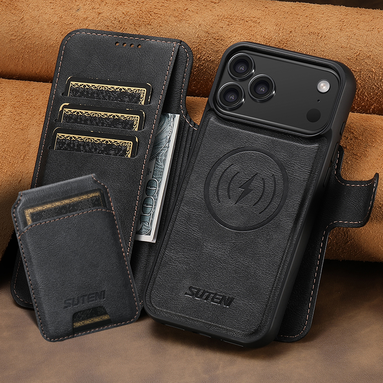 SUTENI Q05S2 Faux Leather Wireless Charging Card Holder Stand Wallet Magnetic Flip Cover Phone Case For iPhone 17 Pro Max 16 Plus 15 14 13 12