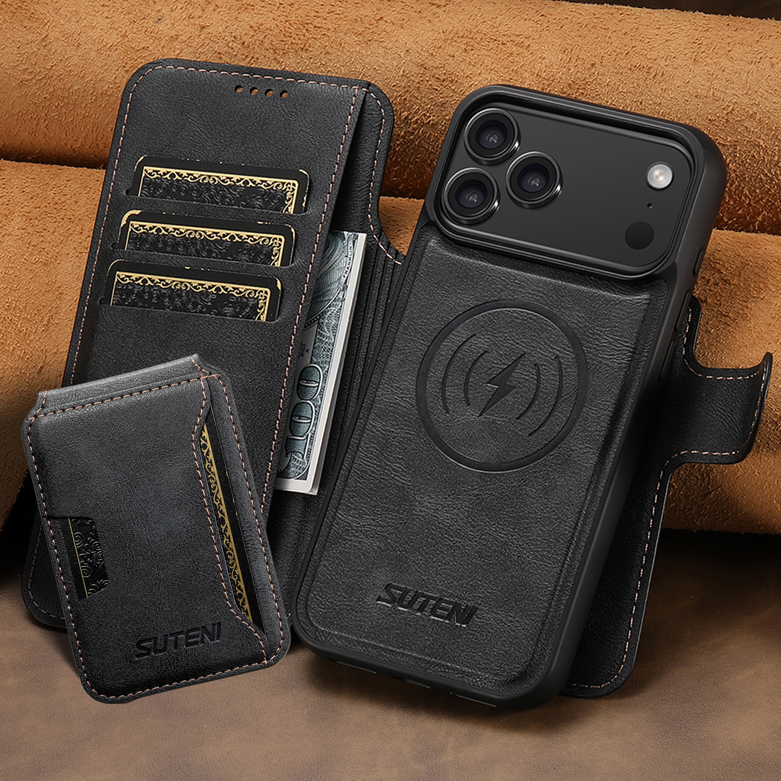 SUTENI Q05S3 Faux Leather Wireless Charging Card Holder Stand Wallet Magnetic Flip Cover Phone Case For iPhone 17 Pro Max 16 Plus 15 14 13 12