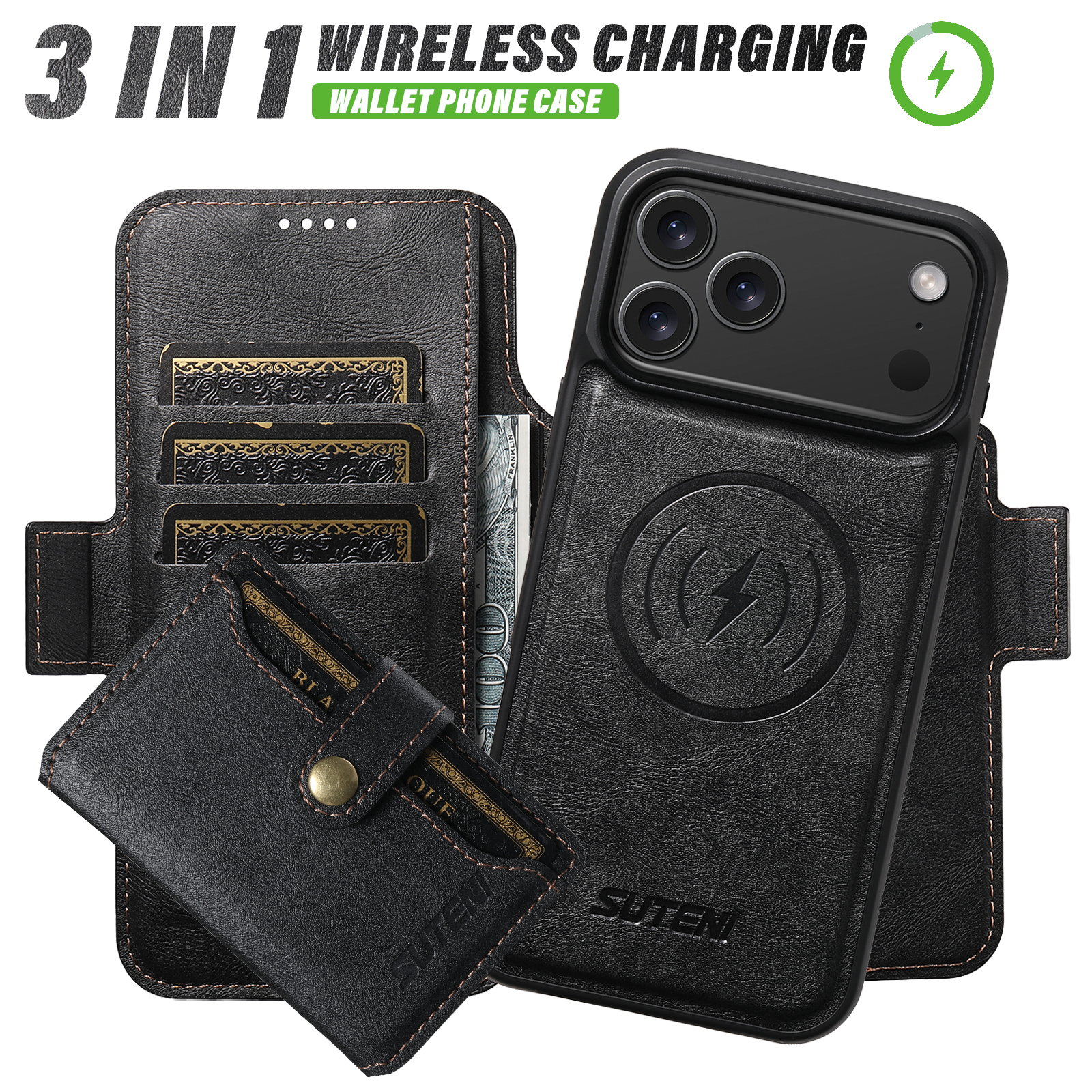 SUTENI Q06S1 Faux Leather Wireless Charging Card Holder Stand Wallet Magnetic Flip Cover Phone Case For iPhone 17 Pro Max 16 Plus 15 14 13 12
