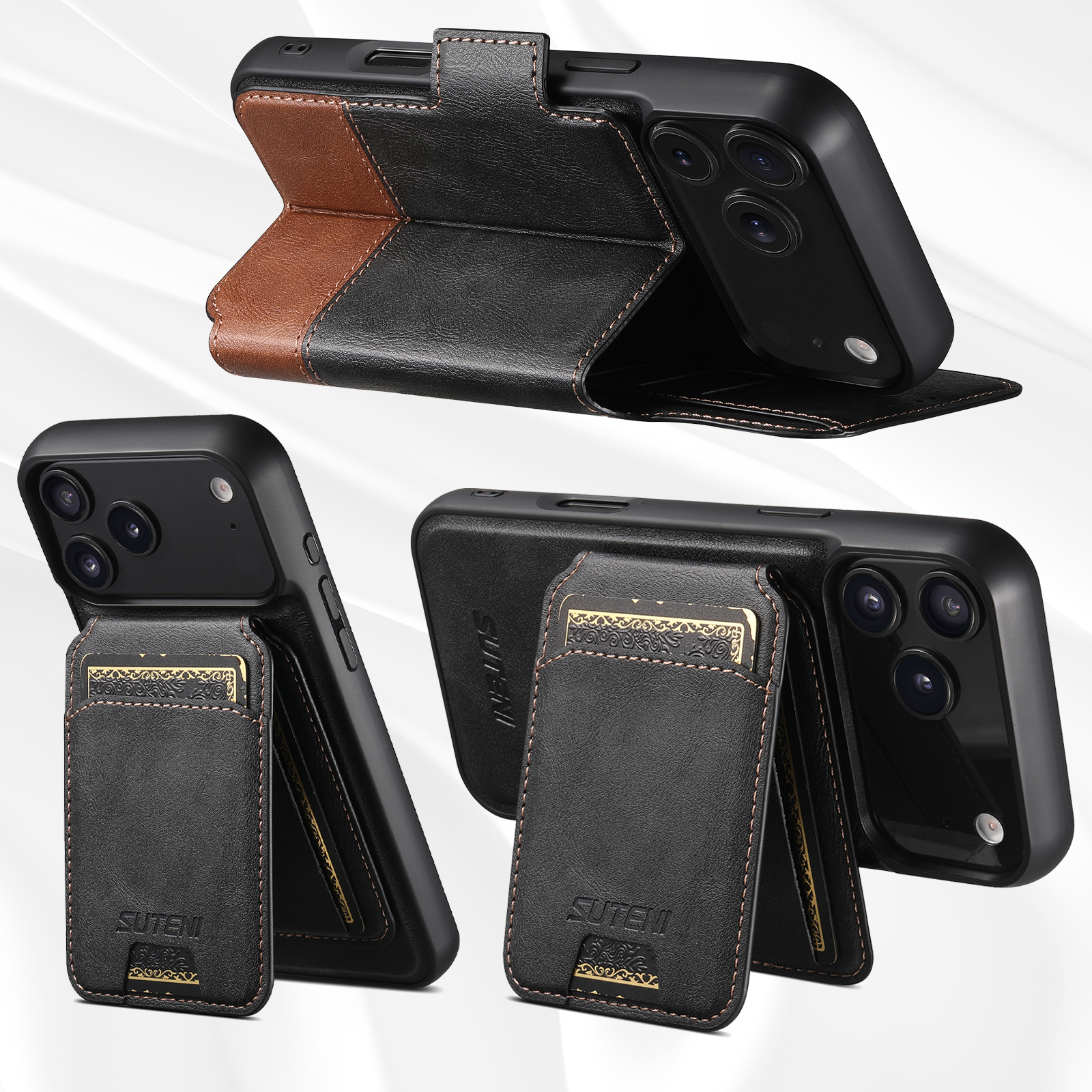 SUTENI Q06S2 Faux Leather Wireless Charging Card Holder Stand Wallet Magnetic Flip Cover Phone Case For iPhone 17 Pro Max 16 Plus 15 14 13 12