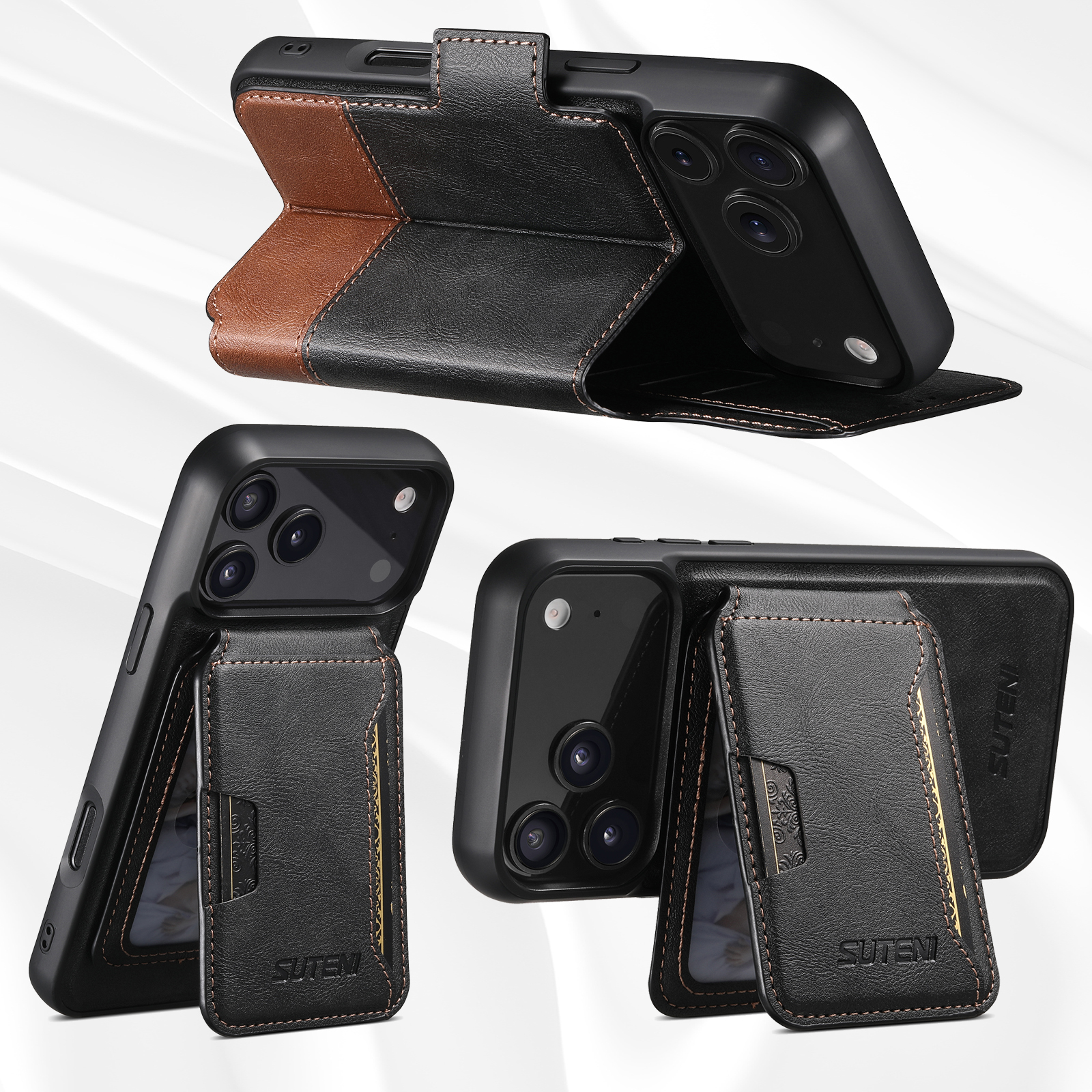 SUTENI Q06S3 Faux Leather Wireless Charging Card Holder Stand Wallet Magnetic Flip Cover Phone Case For iPhone 17 Pro Max 16 Plus 15 14 13 12