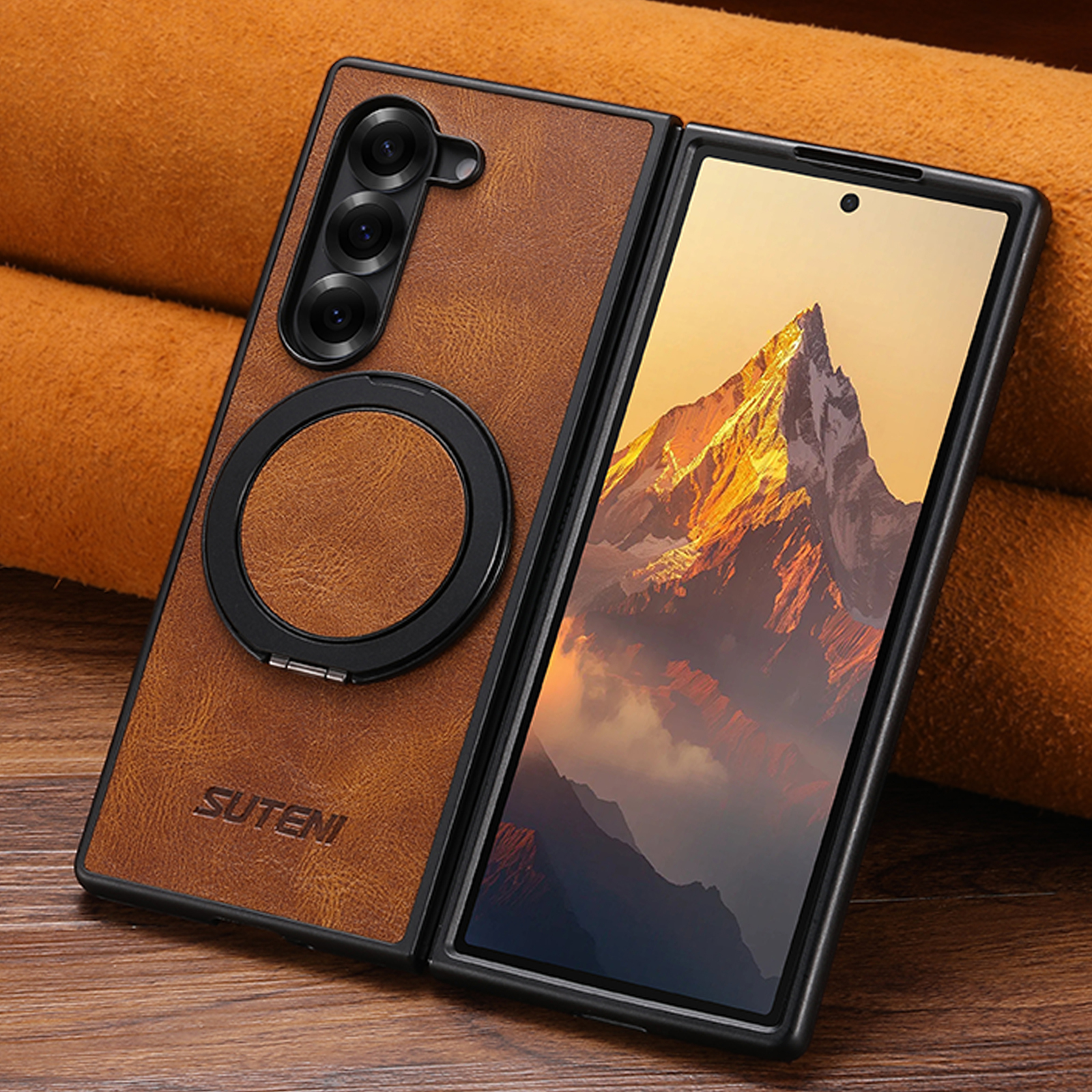 SUTENI G3YL Magnet Wireless Charging Phone Case Oil Wax Faux Leather 360° Rotating Stand Buckle For Samsung Galaxy Z Fold 7 6 5