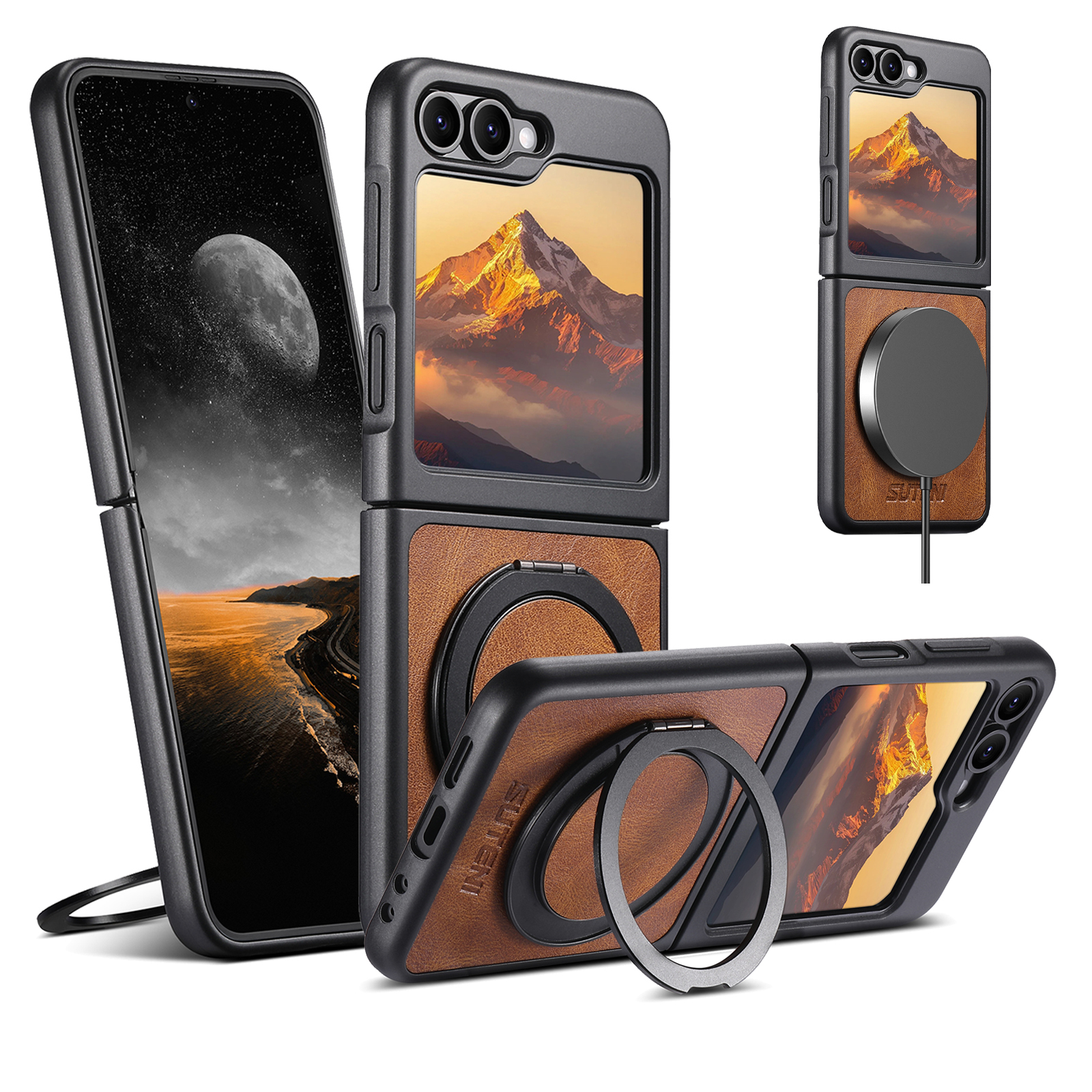 SUTENI Magnet Wireless Charging G3YL Phone Case Oil Wax Faux Leather 360° Rotating Stand Buckle For Samsung Galaxy Z Flip 7 6 5