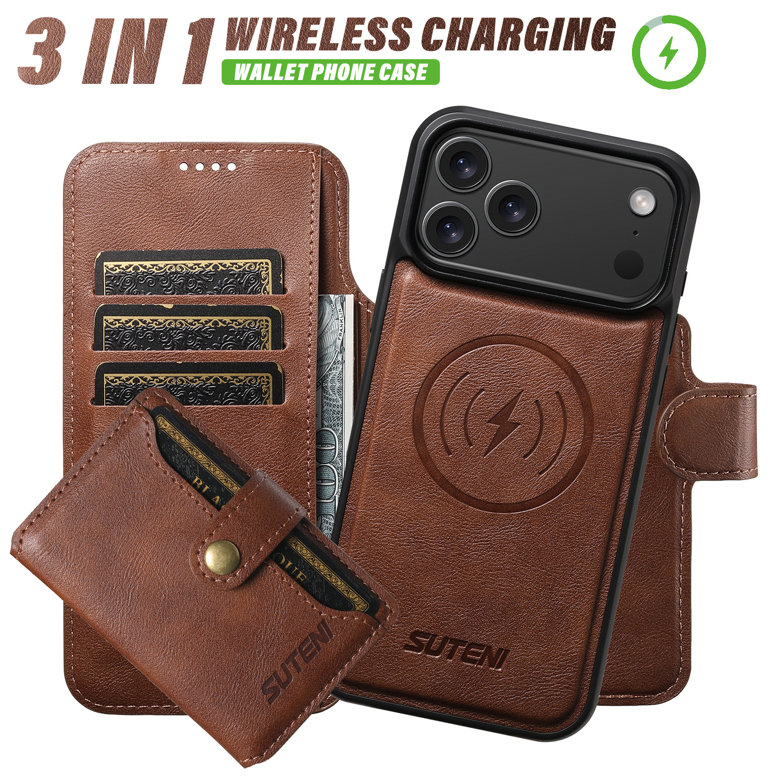 SUTENI Q05S1 Faux Leather Wireless Charging Card Holder Stand Wallet Magnetic Flip Cover Phone Case For iPhone 17 Pro Max 16 Plus 15 14 13 12