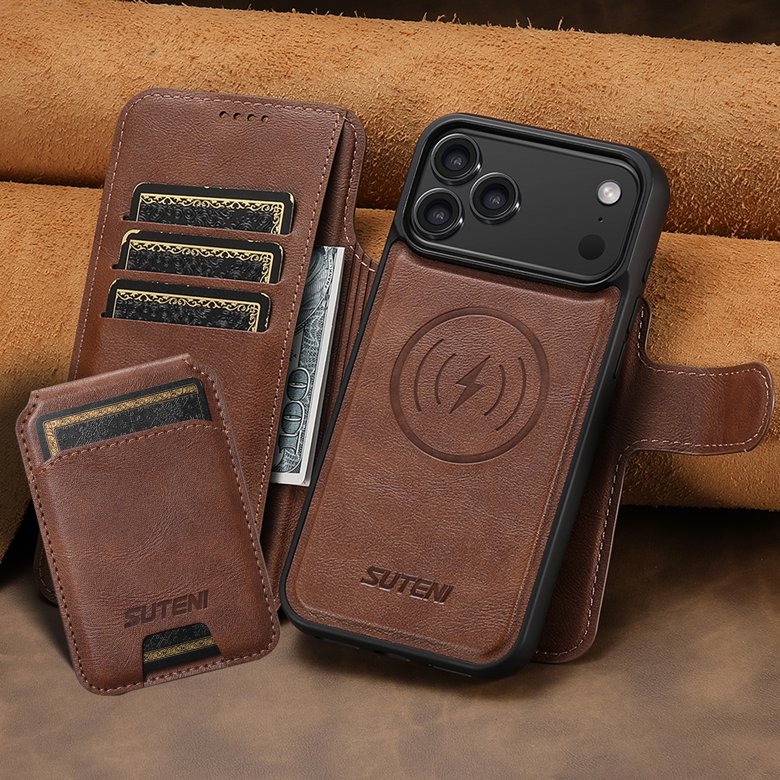 SUTENI Q05S2 Faux Leather Wireless Charging Card Holder Stand Wallet Magnetic Flip Cover Phone Case For iPhone 17 Pro Max 16 Plus 15 14 13 12