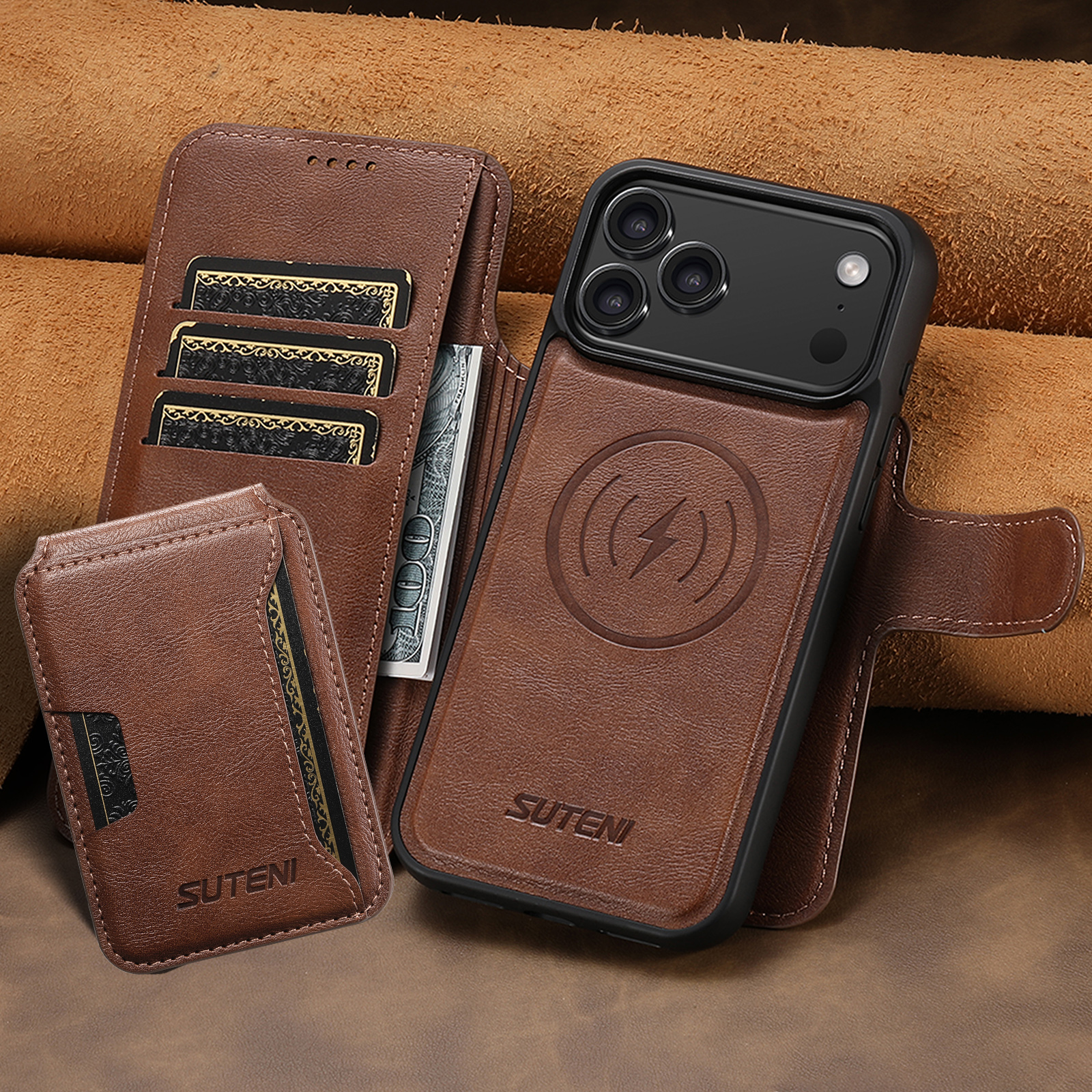 SUTENI Q05S3 Faux Leather Wireless Charging Card Holder Stand Wallet Magnetic Flip Cover Phone Case For iPhone 17 Pro Max 16 Plus 15 14 13 12