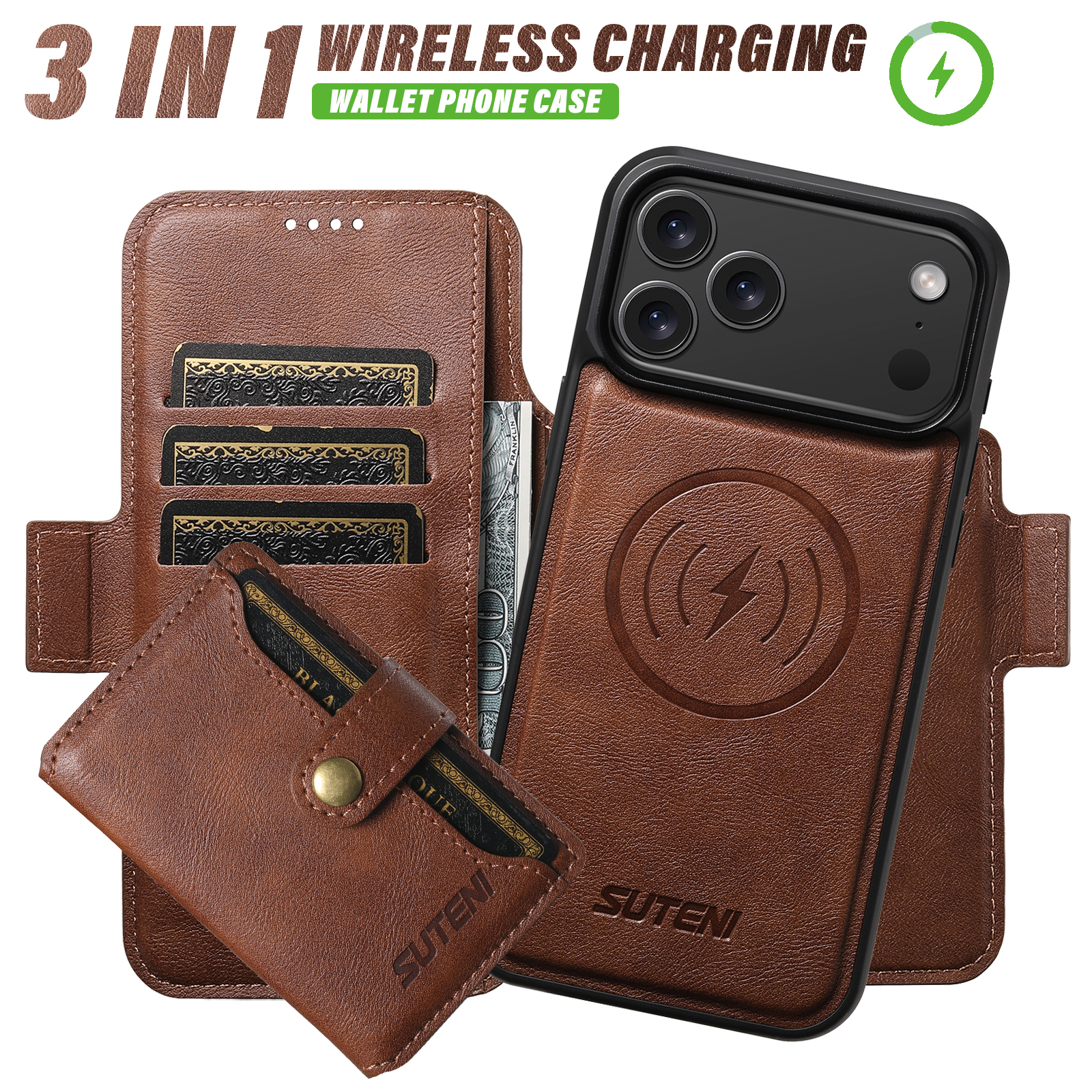 SUTENI Q06S1 Faux Leather Wireless Charging Card Holder Stand Wallet Magnetic Flip Cover Phone Case For iPhone 17 Pro Max 16 Plus 15 14 13 12