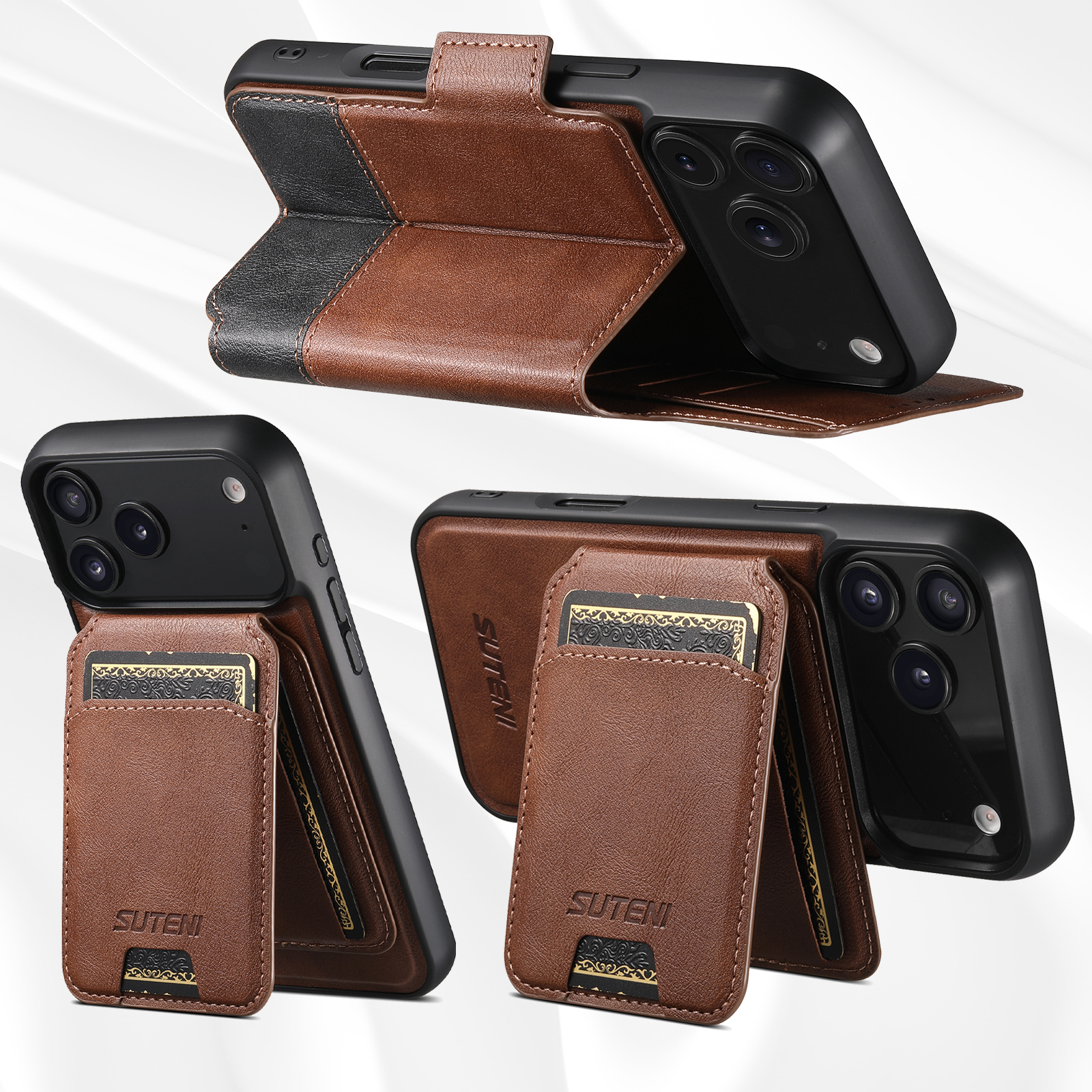 SUTENI Q06S2 Faux Leather Wireless Charging Card Holder Stand Wallet Magnetic Flip Cover Phone Case For iPhone 17 Pro Max 16 Plus 15 14 13 12