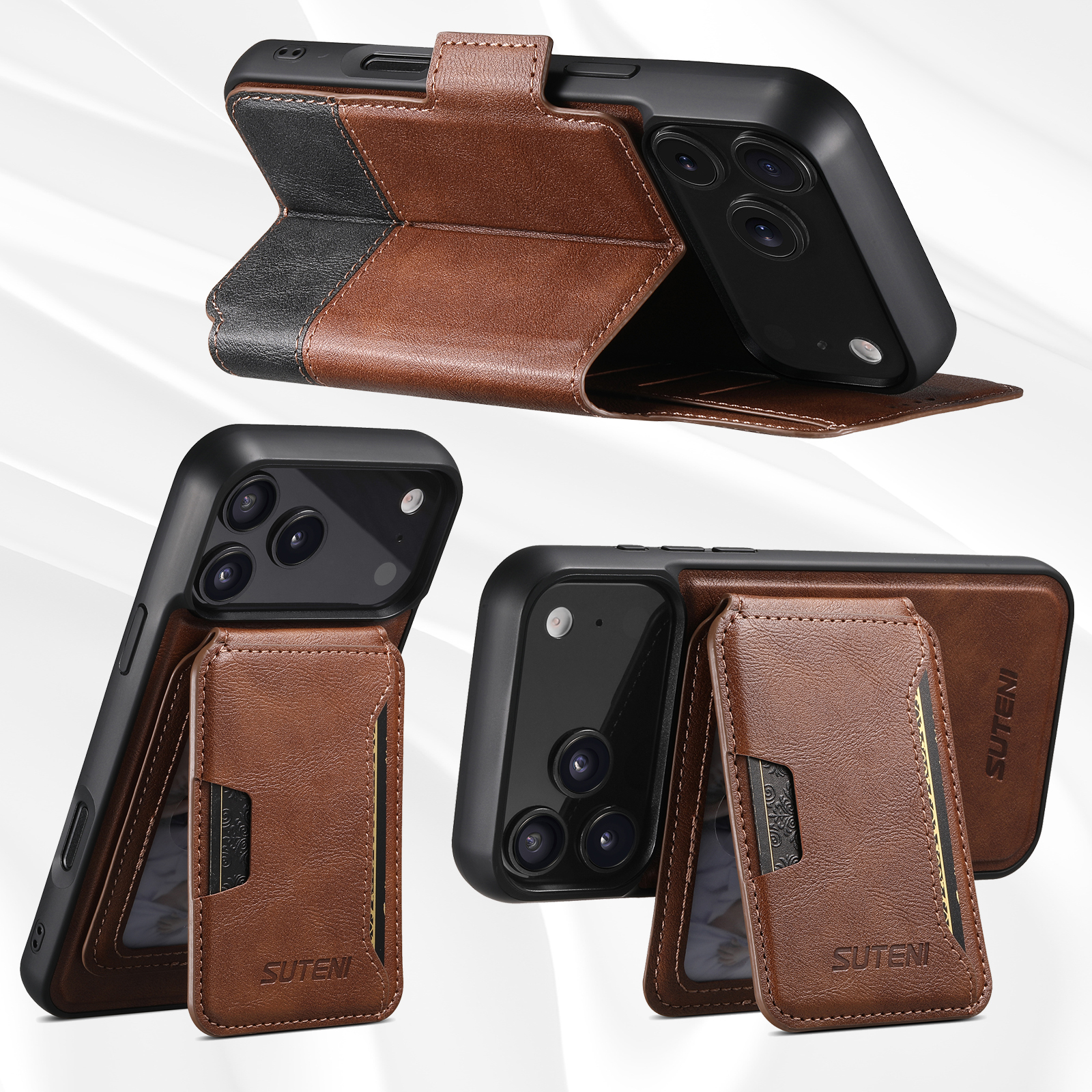 SUTENI Q06S3 Faux Leather Wireless Charging Card Holder Stand Wallet Magnetic Flip Cover Phone Case For iPhone 17 Pro Max 16 Plus 15 14 13 12