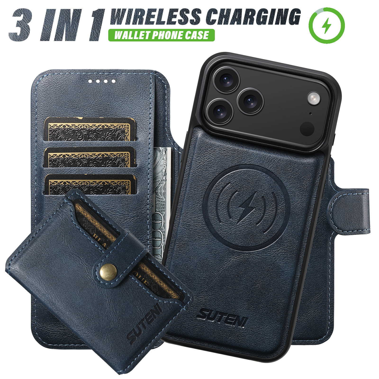 SUTENI Q05S1 Faux Leather Wireless Charging Card Holder Stand Wallet Magnetic Flip Cover Phone Case For iPhone 17 Pro Max 16 Plus 15 14 13 12