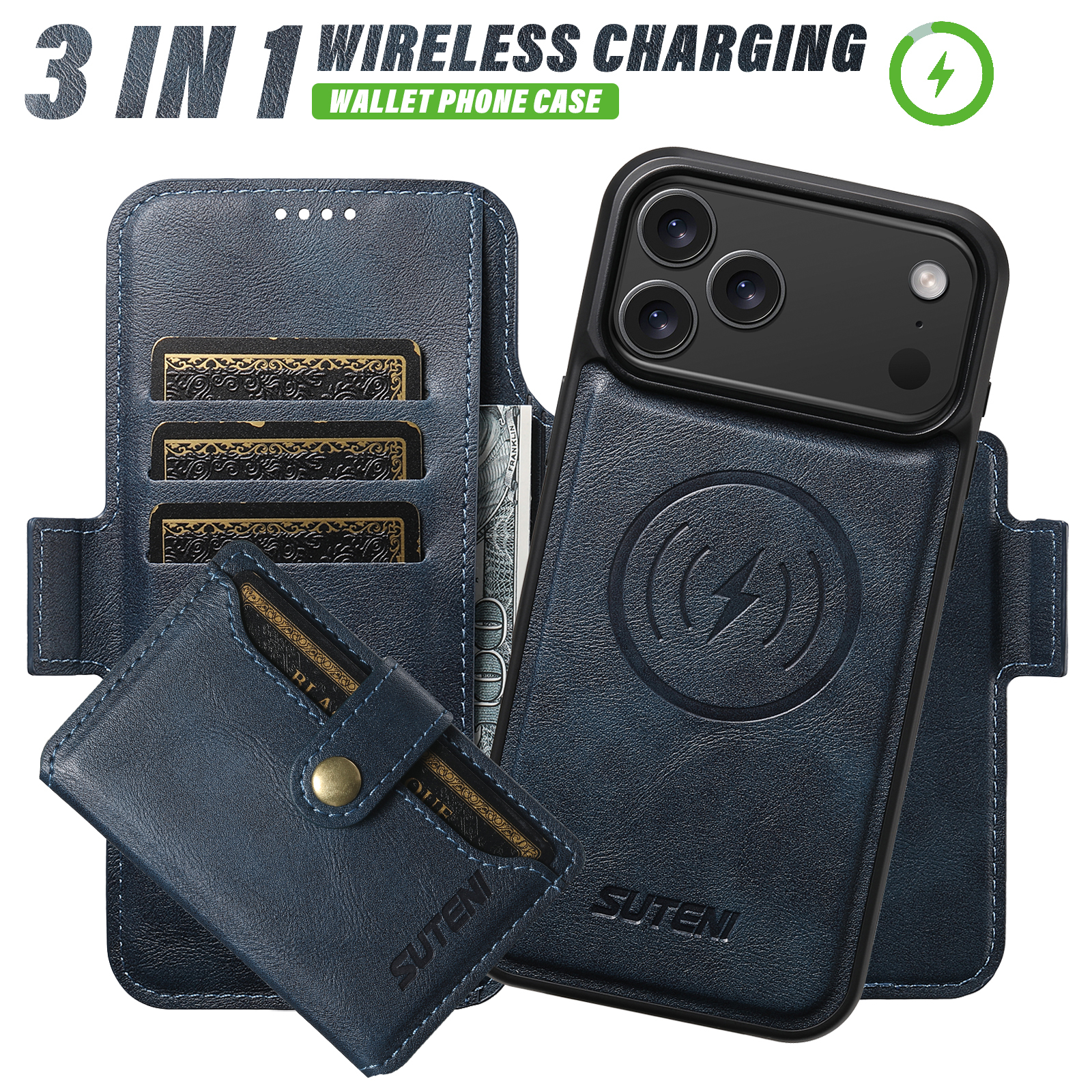 SUTENI Q06S1 Faux Leather Wireless Charging Card Holder Stand Wallet Magnetic Flip Cover Phone Case For iPhone 17 Pro Max 16 Plus 15 14 13 12