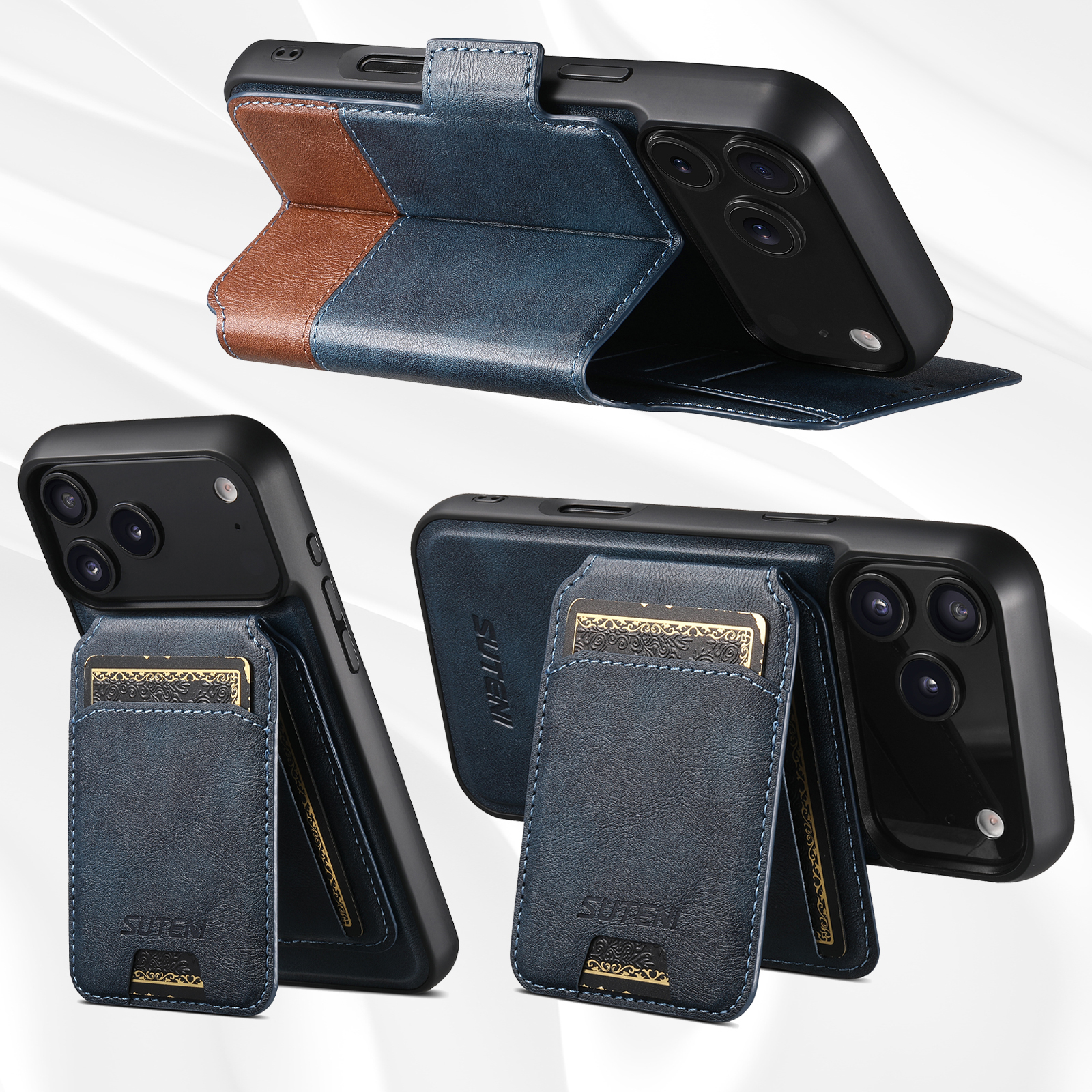 SUTENI Q06S2 Faux Leather Wireless Charging Card Holder Stand Wallet Magnetic Flip Cover Phone Case For iPhone 17 Pro Max 16 Plus 15 14 13 12