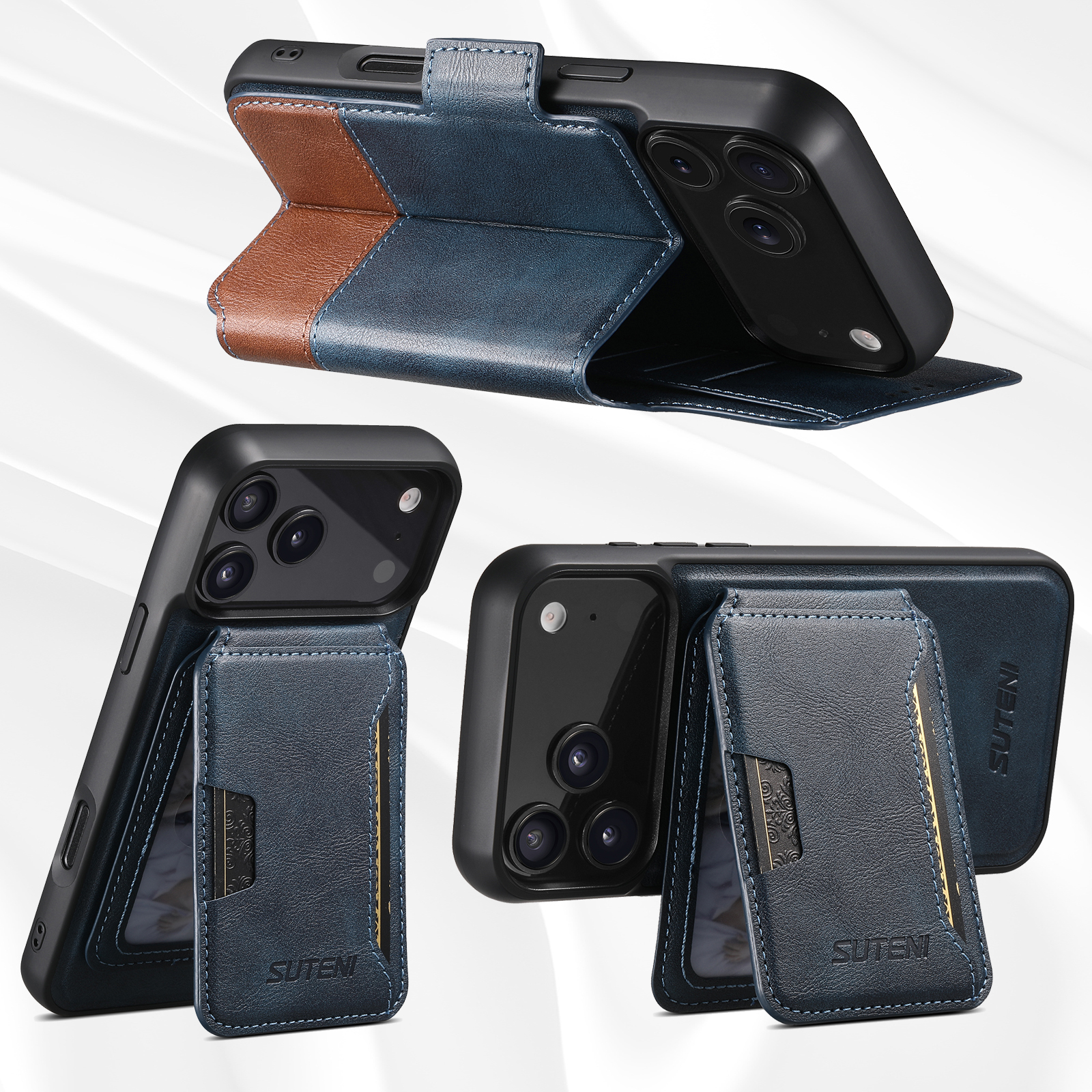 SUTENI Q06S3 Faux Leather Wireless Charging Card Holder Stand Wallet Magnetic Flip Cover Phone Case For iPhone 17 Pro Max 16 Plus 15 14 13 12