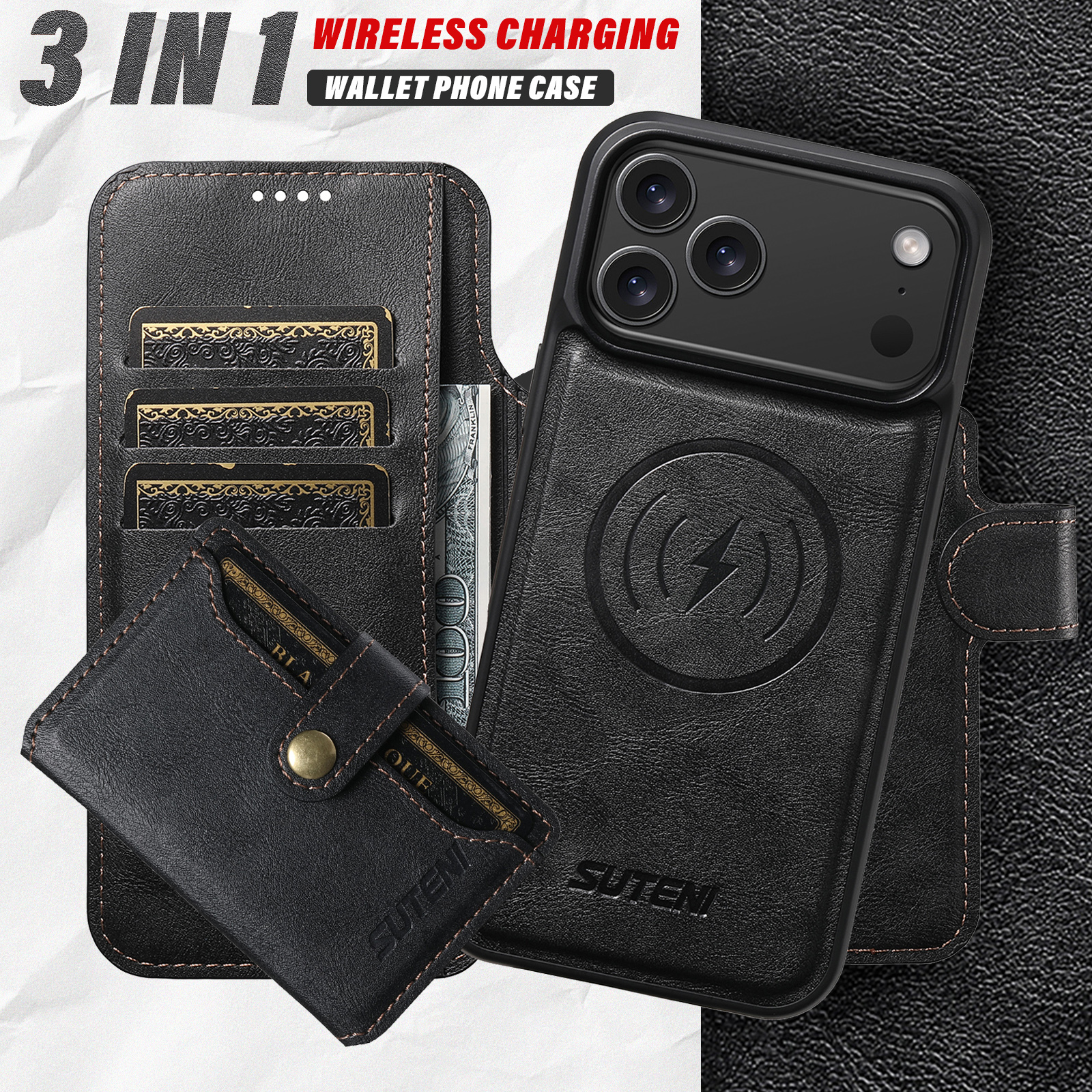 SUTENI Q05S1 Faux Leather Wireless Charging Card Holder Stand Wallet Magnetic Flip Cover Phone Case For iPhone 17 Pro Max 16 Plus 15 14 13 12