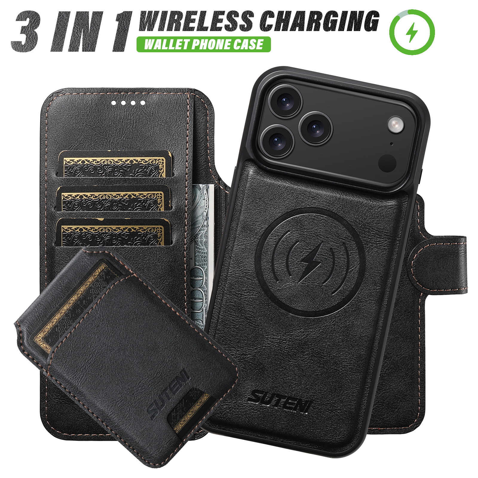 SUTENI Q05S2 Faux Leather Wireless Charging Card Holder Stand Wallet Magnetic Flip Cover Phone Case For iPhone 17 Pro Max 16 Plus 15 14 13 12