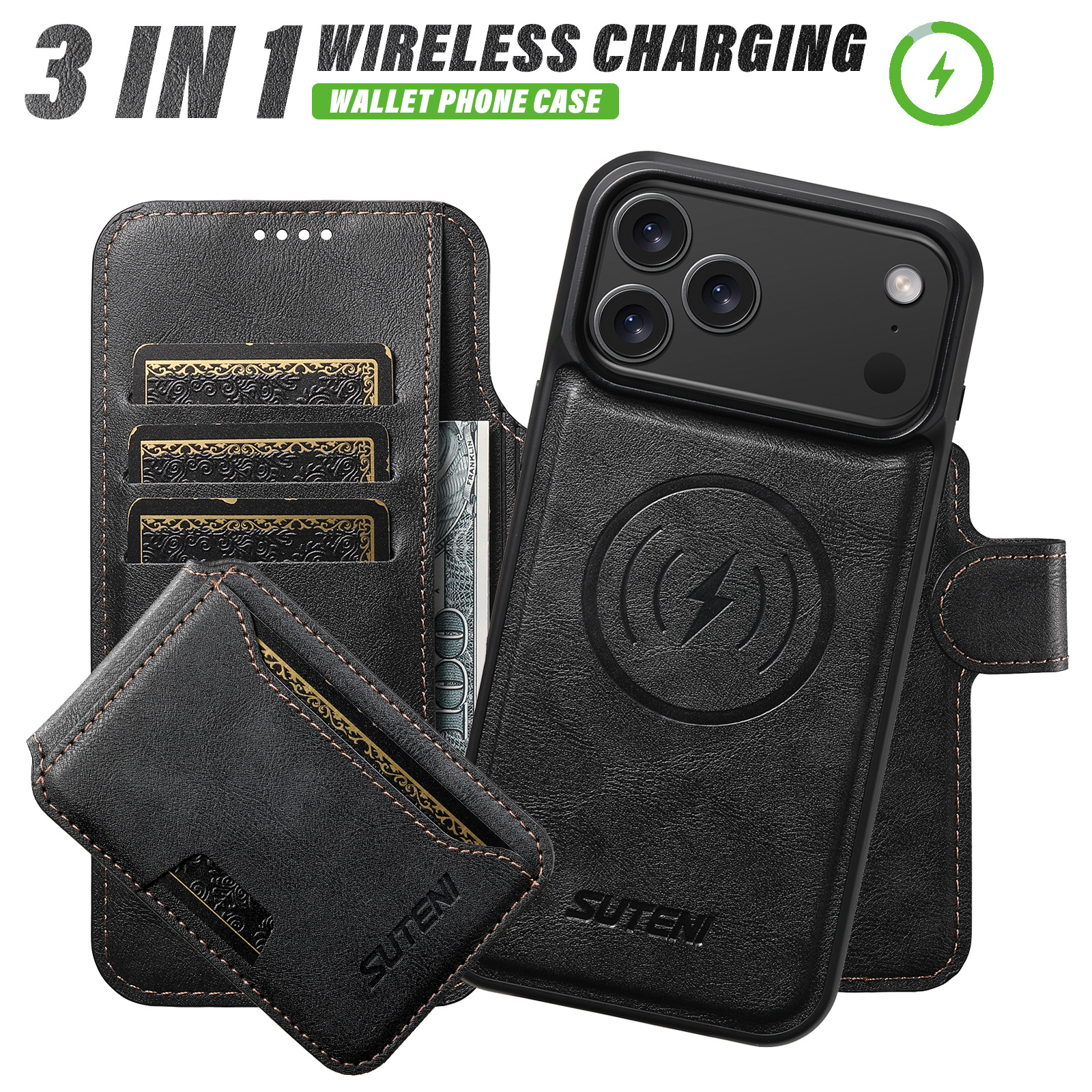 SUTENI Q05S3 Faux Leather Wireless Charging Card Holder Stand Wallet Magnetic Flip Cover Phone Case For iPhone 17 Pro Max 16 Plus 15 14 13 12