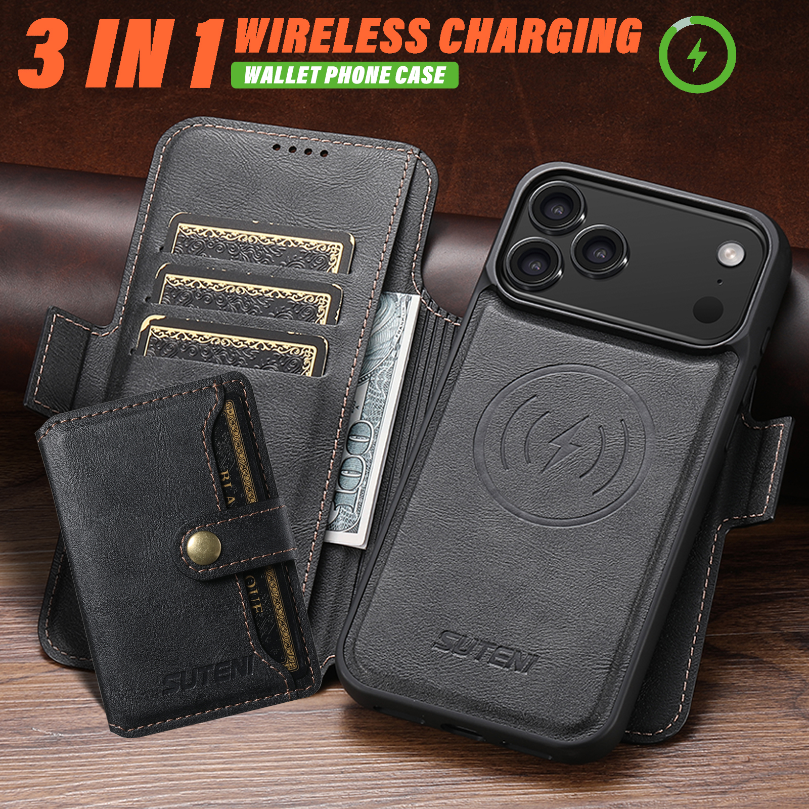 SUTENI Q06S1 Faux Leather Wireless Charging Card Holder Stand Wallet Magnetic Flip Cover Phone Case For iPhone 17 Pro Max 16 Plus 15 14 13 12