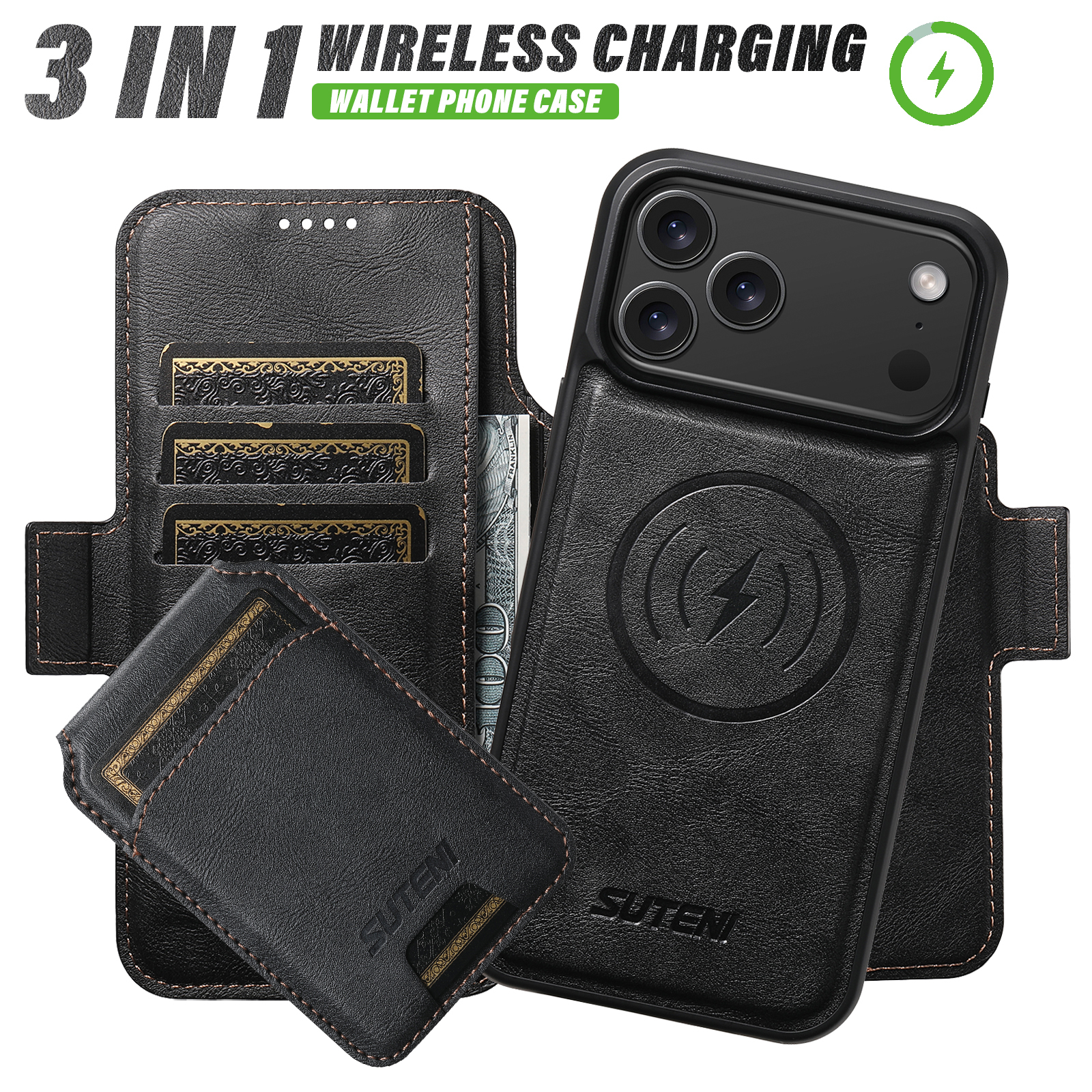 SUTENI Q06S2 Faux Leather Wireless Charging Card Holder Stand Wallet Magnetic Flip Cover Phone Case For iPhone 17 Pro Max 16 Plus 15 14 13 12