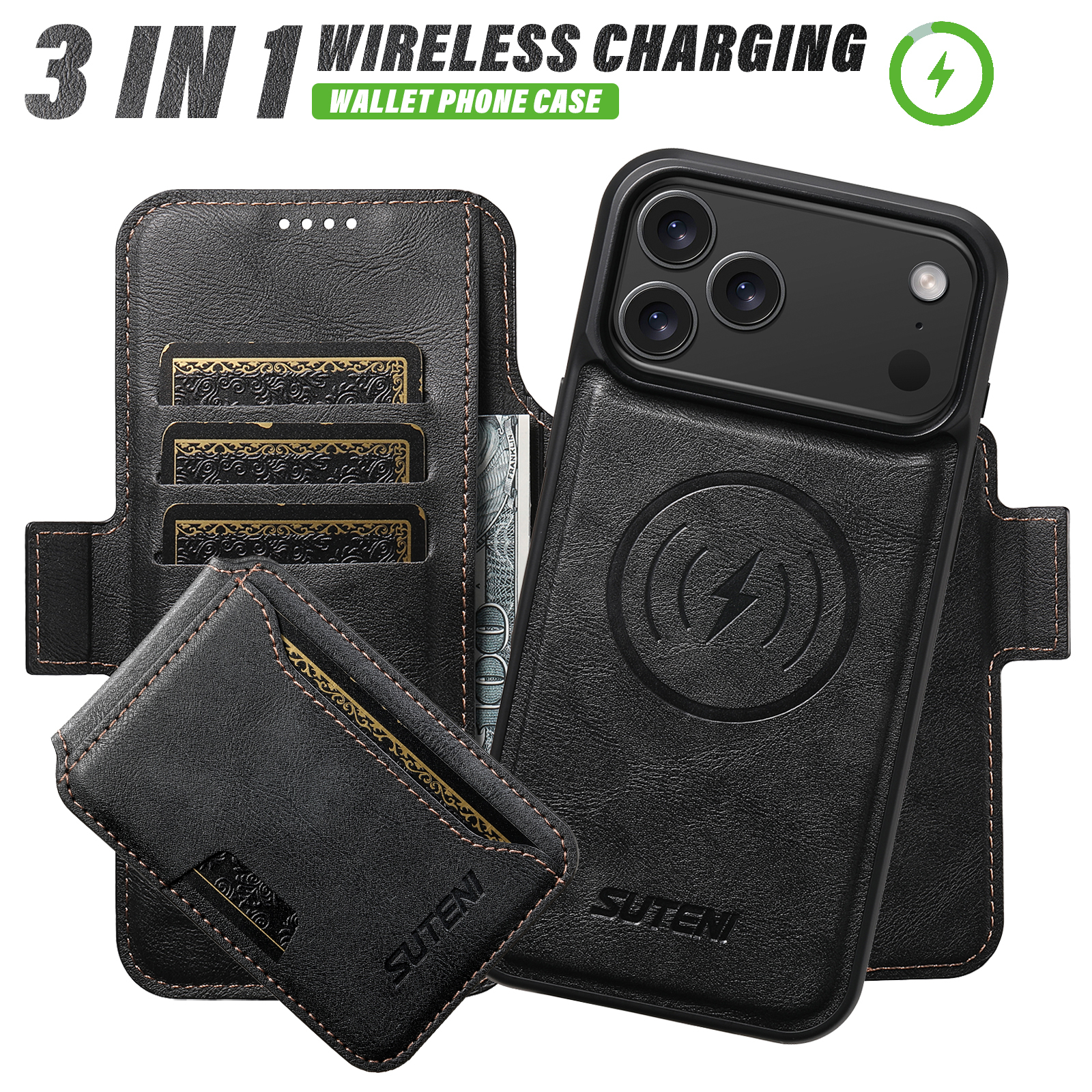 SUTENI Q06S3 Faux Leather Wireless Charging Card Holder Stand Wallet Magnetic Flip Cover Phone Case For iPhone 17 Pro Max 16 Plus 15 14 13 12