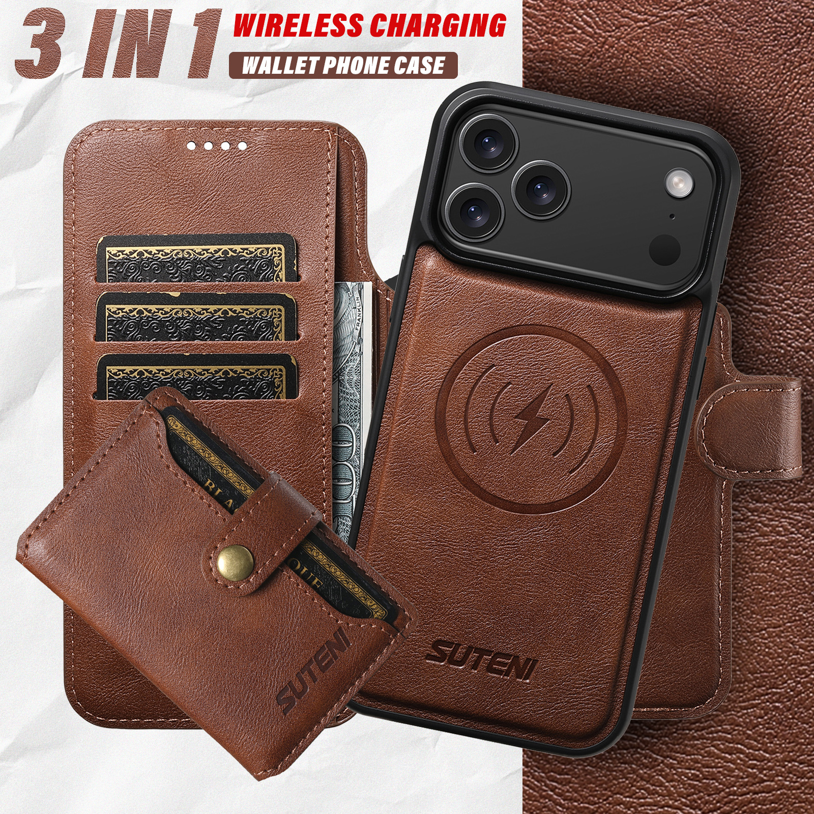 SUTENI Q05S1 Faux Leather Wireless Charging Card Holder Stand Wallet Magnetic Flip Cover Phone Case For iPhone 17 Pro Max 16 Plus 15 14 13 12