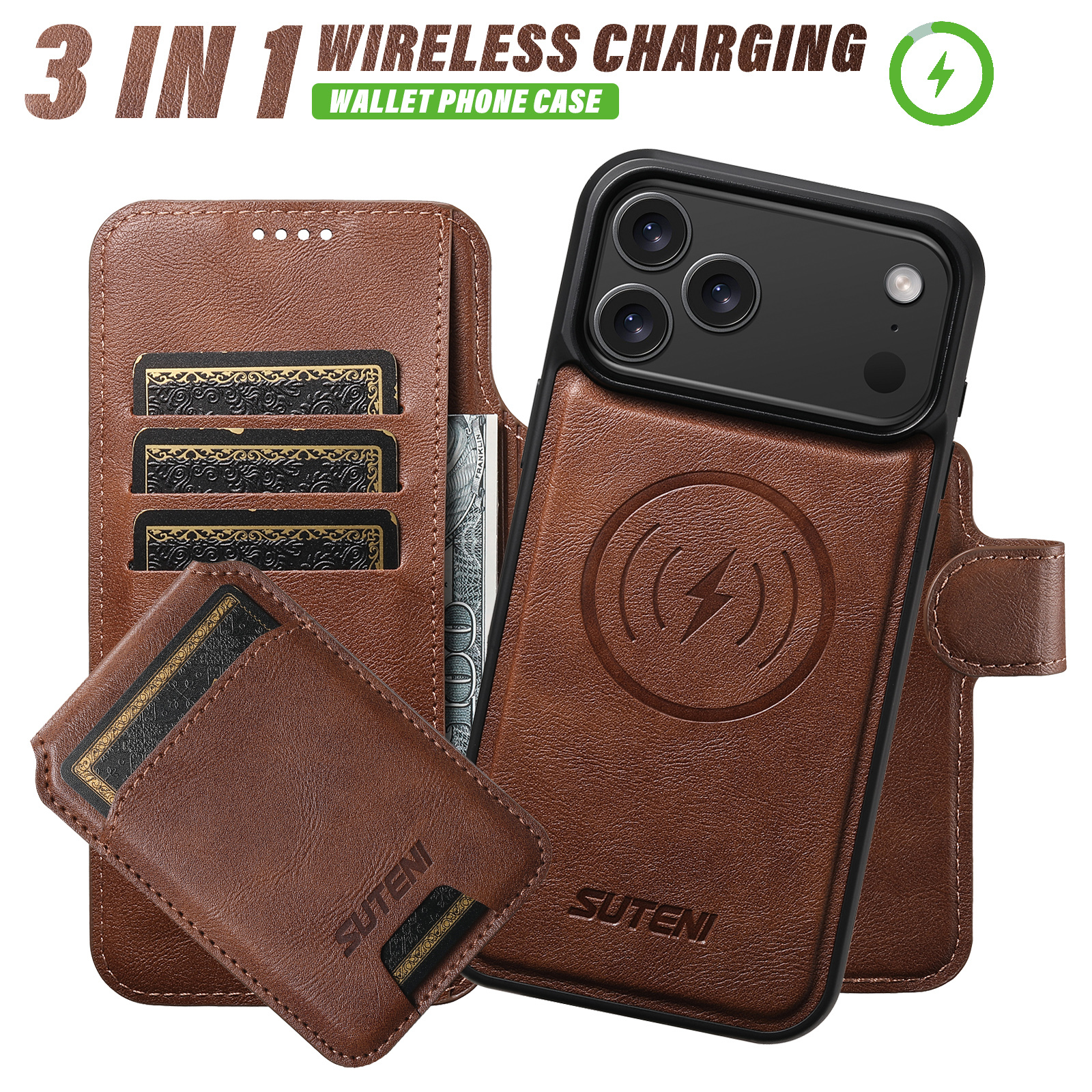 SUTENI Q05S2 Faux Leather Wireless Charging Card Holder Stand Wallet Magnetic Flip Cover Phone Case For iPhone 17 Pro Max 16 Plus 15 14 13 12