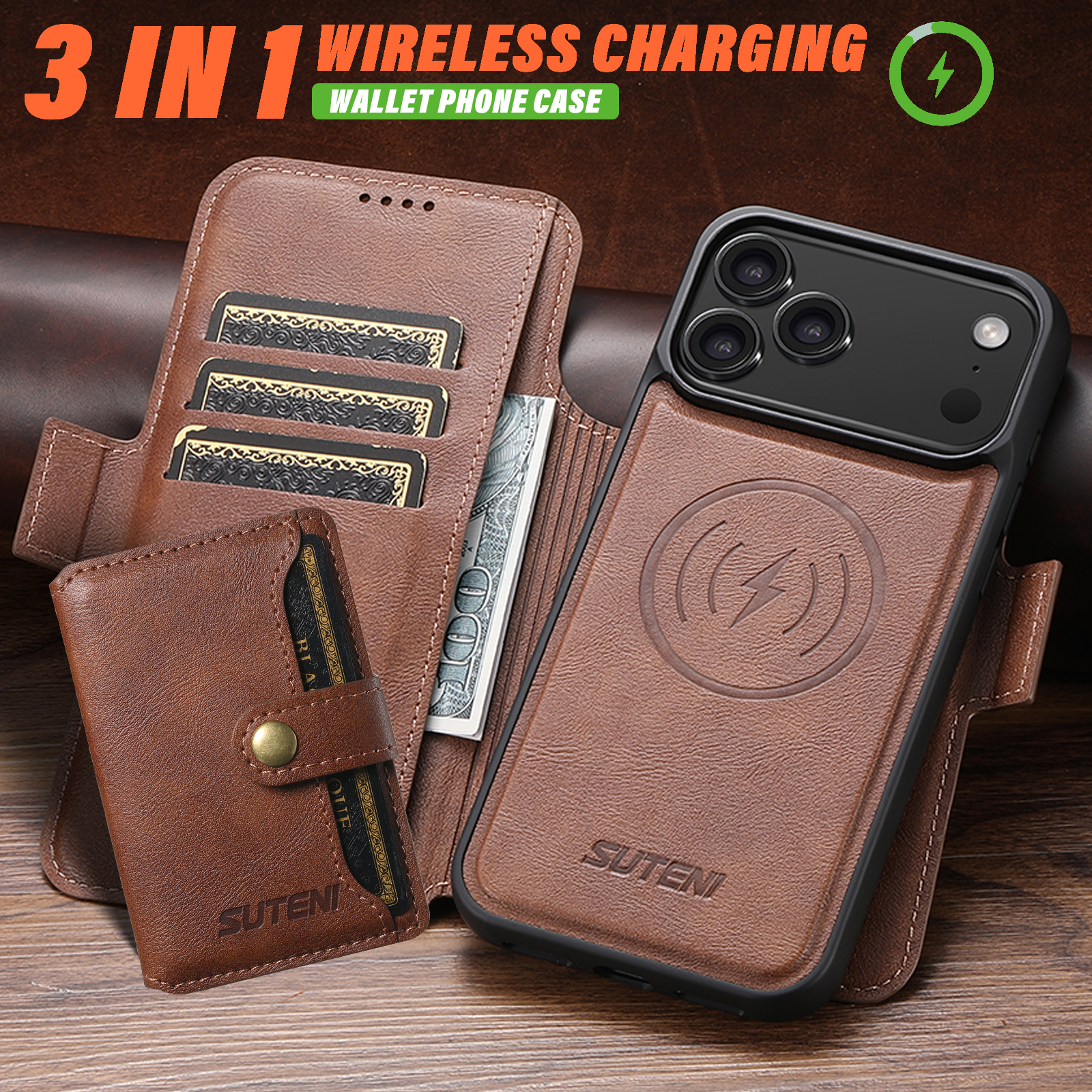 SUTENI Q06S1 Faux Leather Wireless Charging Card Holder Stand Wallet Magnetic Flip Cover Phone Case For iPhone 17 Pro Max 16 Plus 15 14 13 12