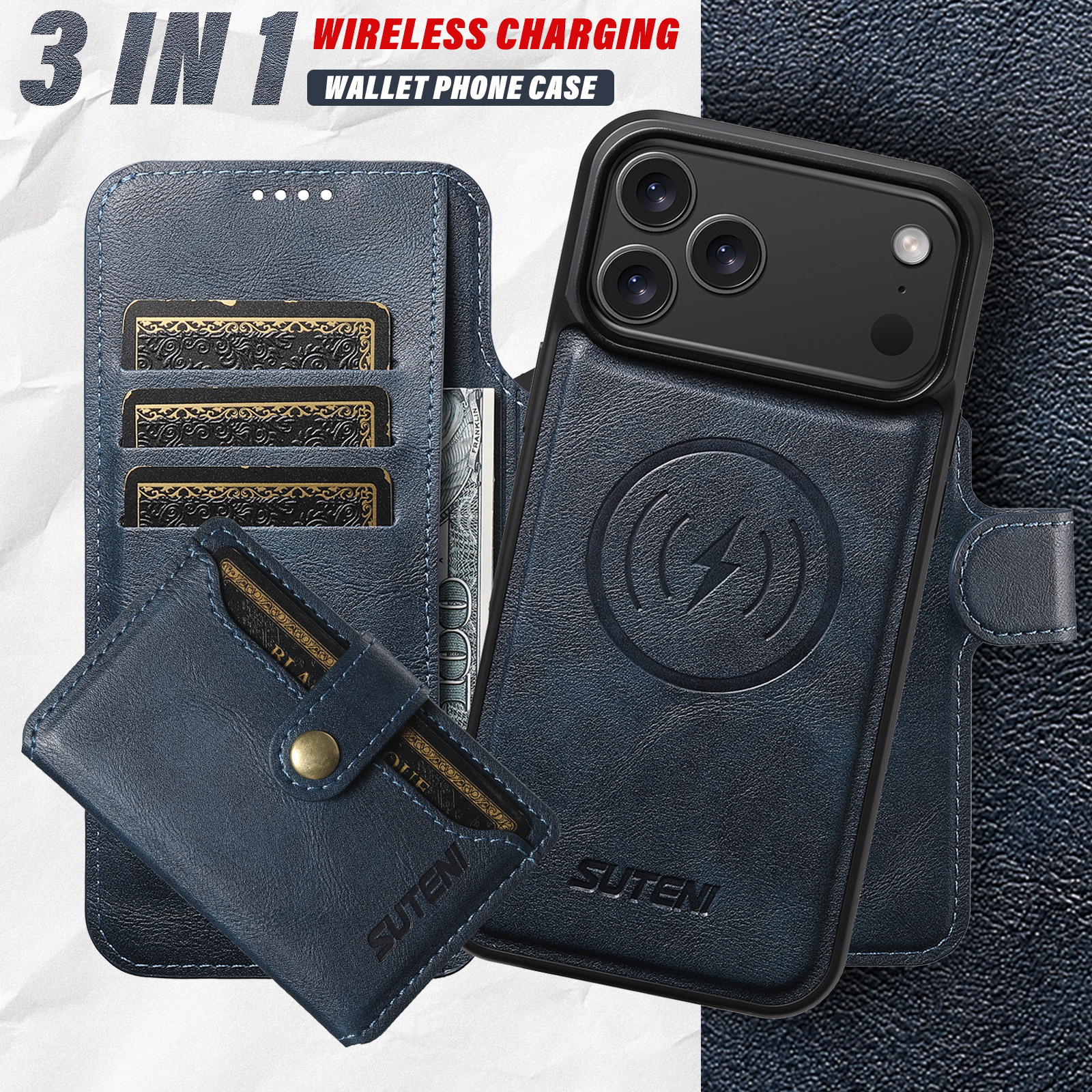SUTENI Q05S1 Faux Leather Wireless Charging Card Holder Stand Wallet Magnetic Flip Cover Phone Case For iPhone 17 Pro Max 16 Plus 15 14 13 12