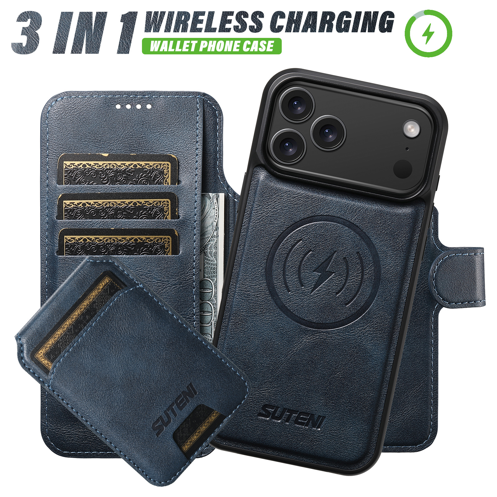 SUTENI Q05S2 Faux Leather Wireless Charging Card Holder Stand Wallet Magnetic Flip Cover Phone Case For iPhone 17 Pro Max 16 Plus 15 14 13 12