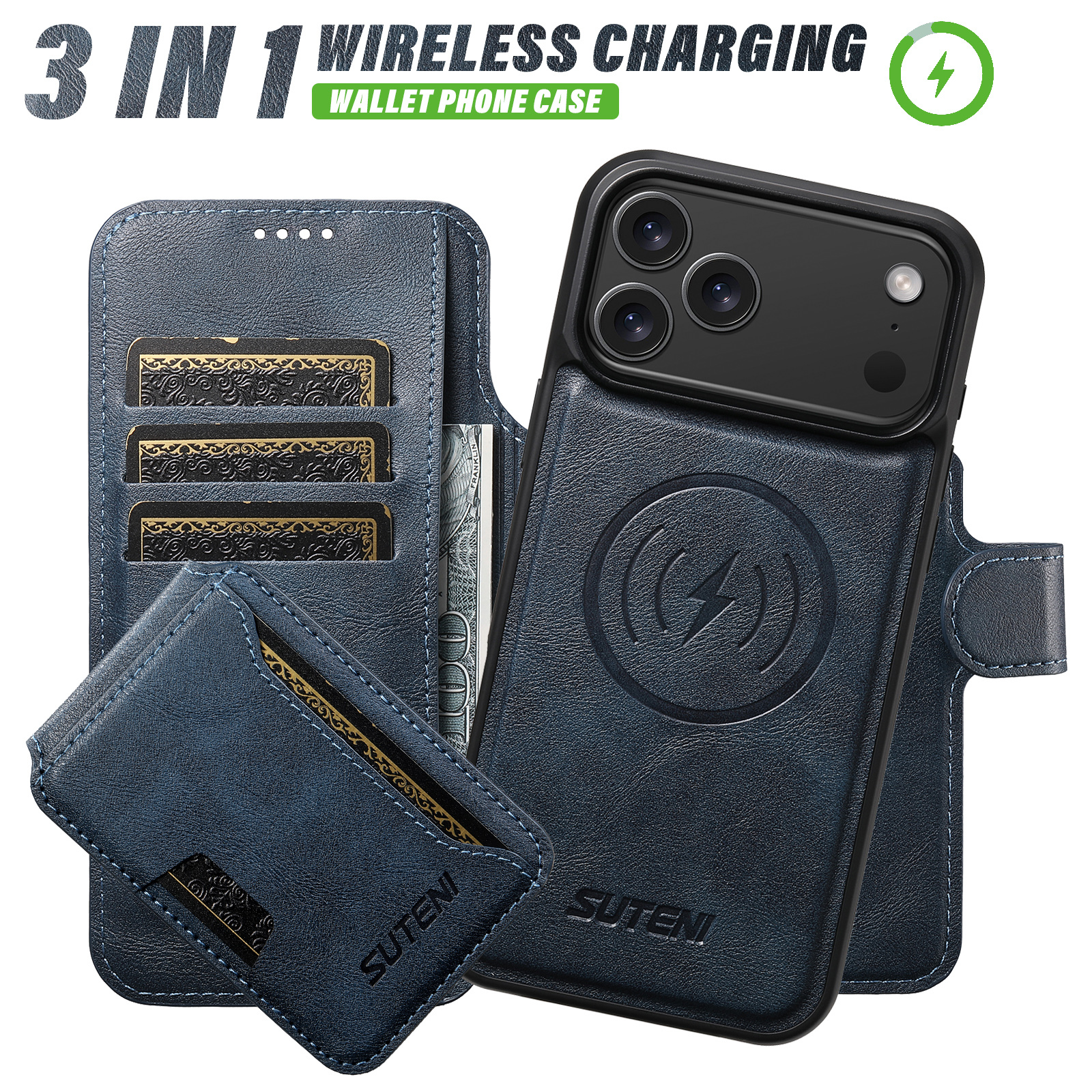 SUTENI Q05S3 Faux Leather Wireless Charging Card Holder Stand Wallet Magnetic Flip Cover Phone Case For iPhone 17 Pro Max 16 Plus 15 14 13 12