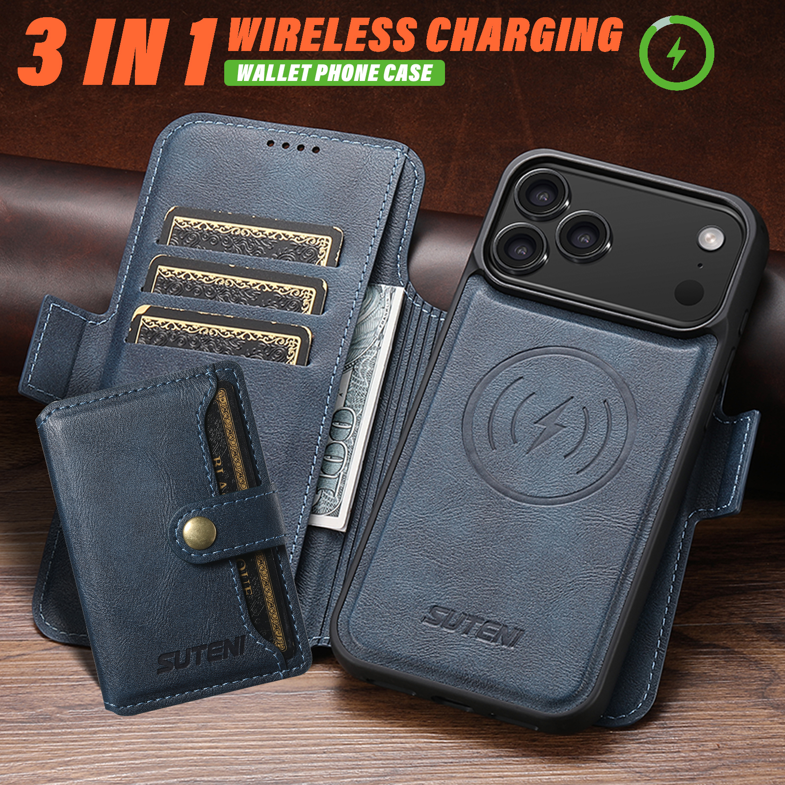 SUTENI Q06S1 Faux Leather Wireless Charging Card Holder Stand Wallet Magnetic Flip Cover Phone Case For iPhone 17 Pro Max 16 Plus 15 14 13 12