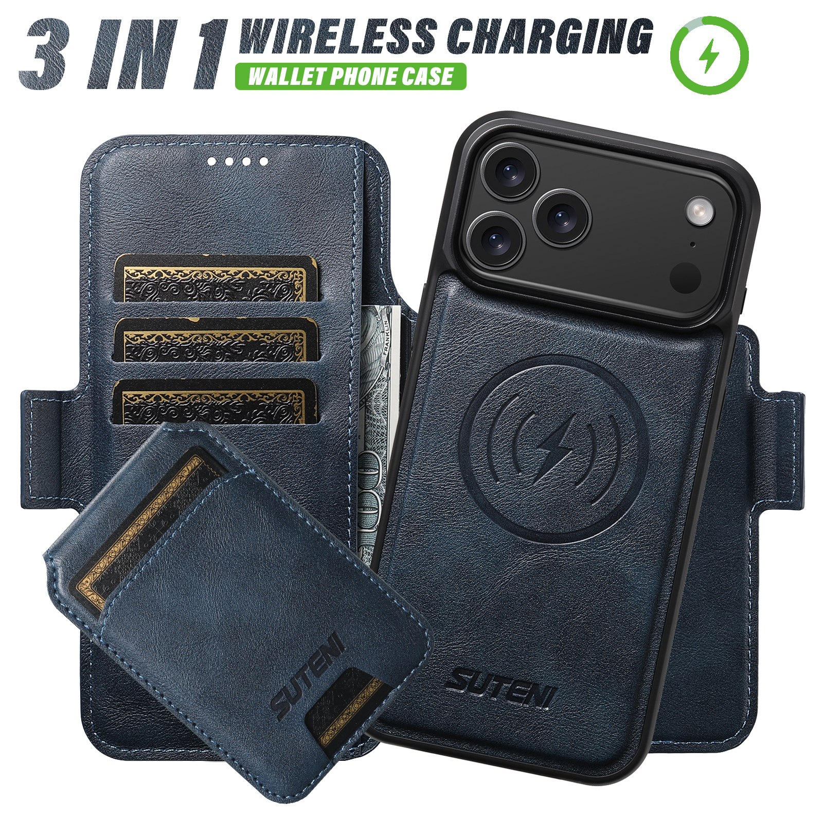 SUTENI Q06S2 Faux Leather Wireless Charging Card Holder Stand Wallet Magnetic Flip Cover Phone Case For iPhone 17 Pro Max 16 Plus 15 14 13 12