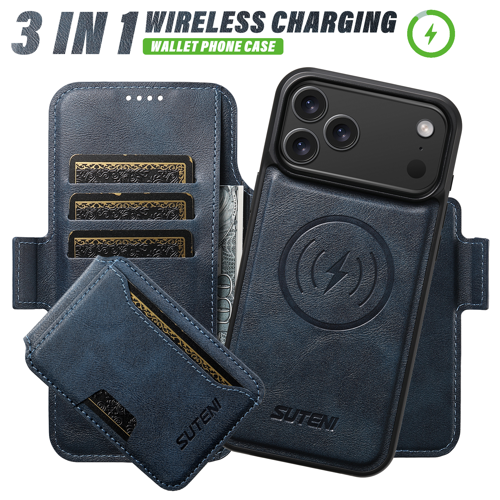 SUTENI Q06S3 Faux Leather Wireless Charging Card Holder Stand Wallet Magnetic Flip Cover Phone Case For iPhone 17 Pro Max 16 Plus 15 14 13 12