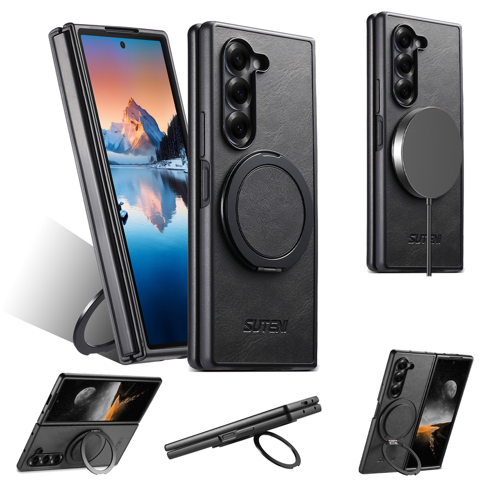 SUTENI G3YL Magnet Wireless Charging Phone Case Oil Wax Faux Leather 360° Rotating Stand Buckle For Samsung Galaxy Z Fold 7 6 5
