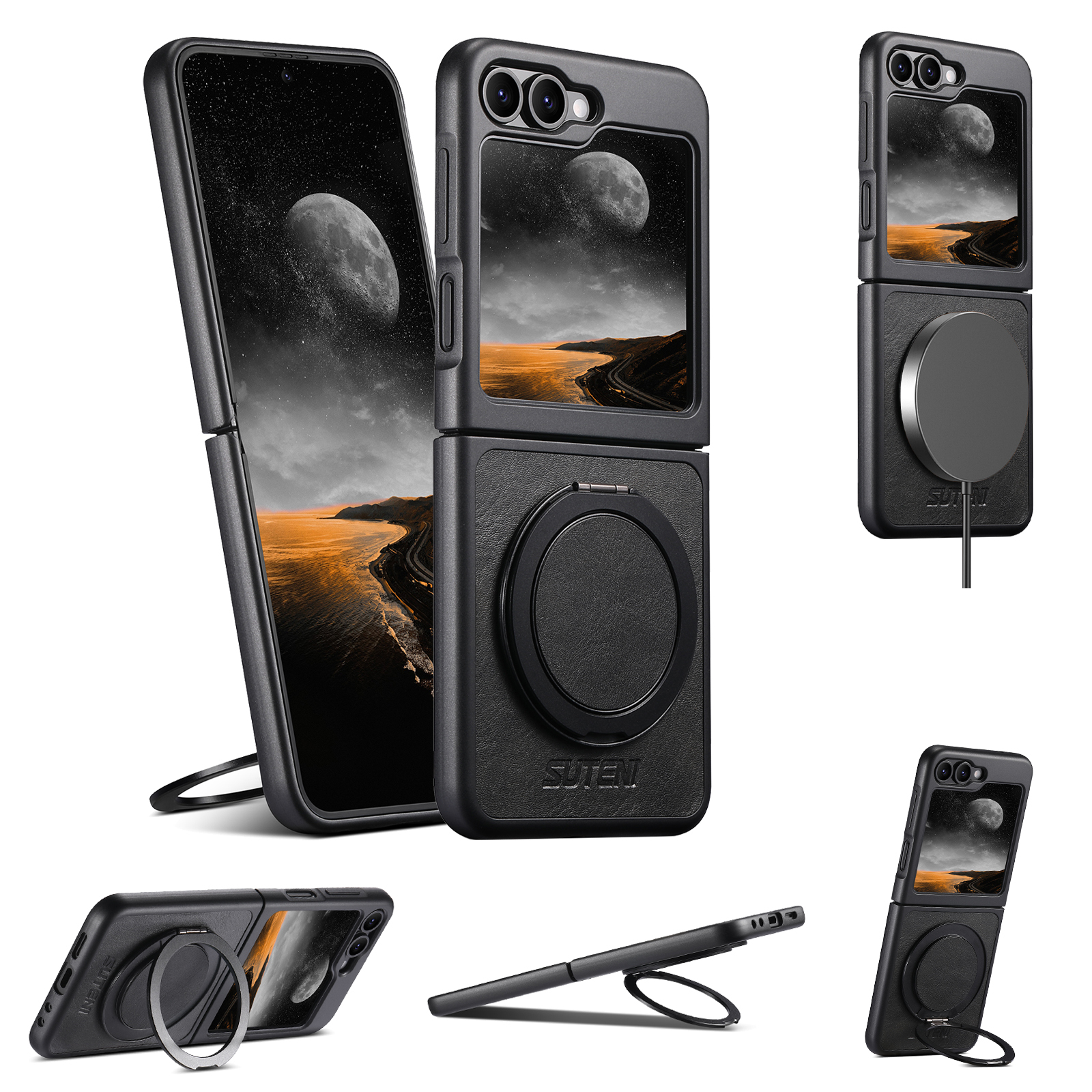 SUTENI Magnet Wireless Charging G3YL Phone Case Oil Wax Faux Leather 360° Rotating Stand Buckle For Samsung Galaxy Z Flip 7 6 5