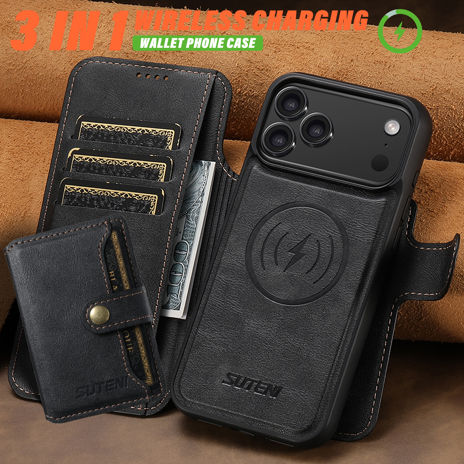 SUTENI Q05S1 Faux Leather Wireless Charging Card Holder Stand Wallet Magnetic Flip Cover Phone Case For iPhone 17 Pro Max 16 Plus 15 14 13 12