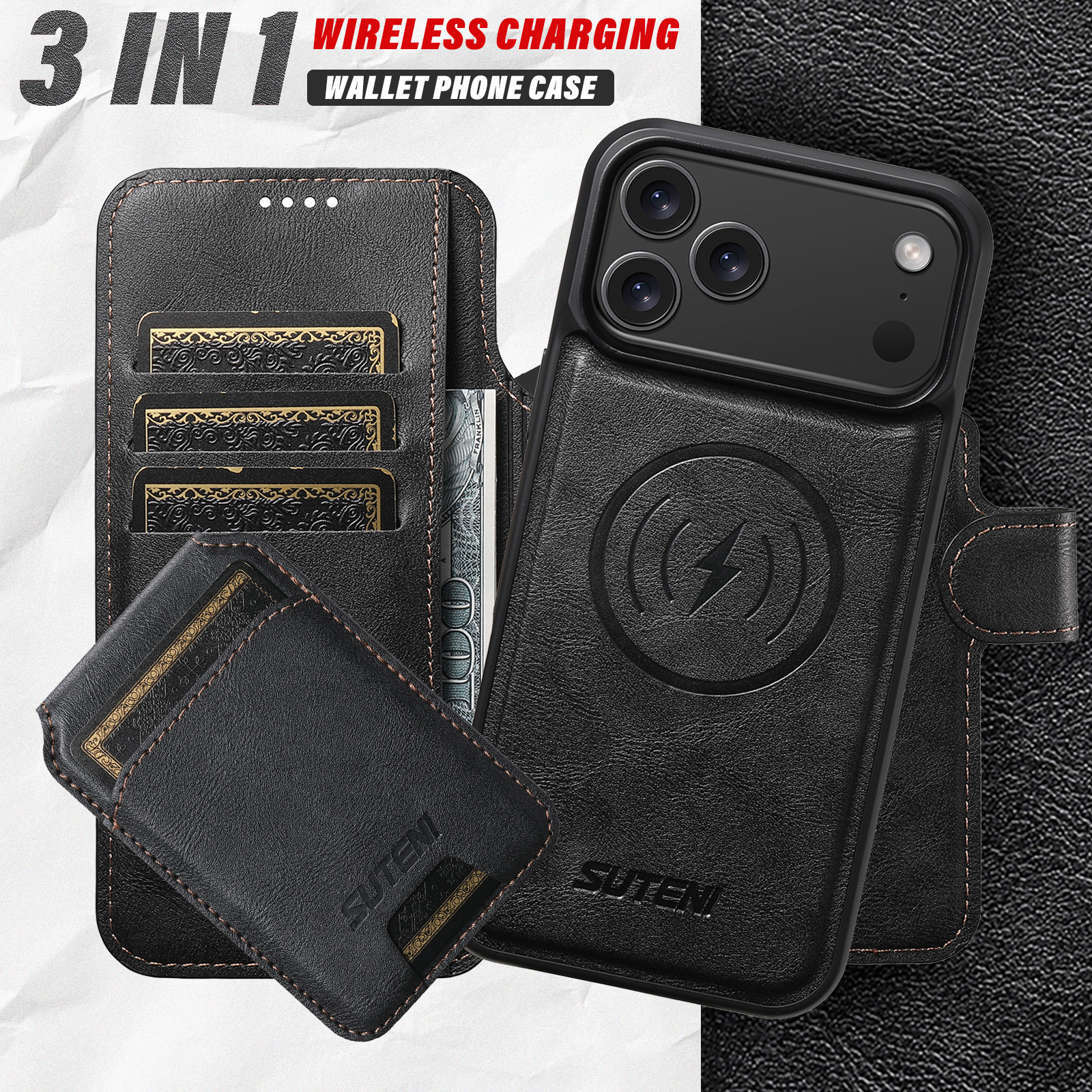 SUTENI Q05S2 Faux Leather Wireless Charging Card Holder Stand Wallet Magnetic Flip Cover Phone Case For iPhone 17 Pro Max 16 Plus 15 14 13 12