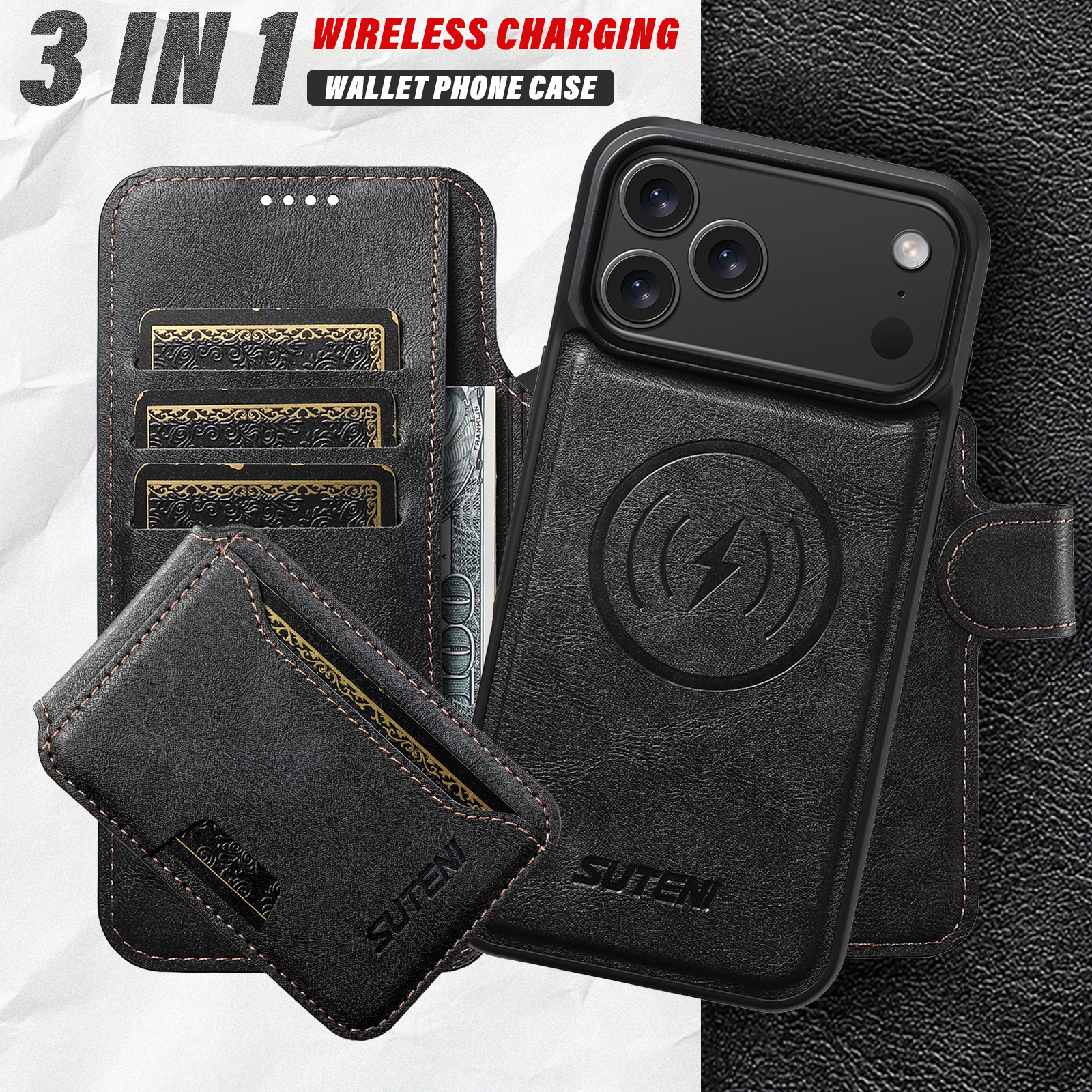 SUTENI Q05S3 Faux Leather Wireless Charging Card Holder Stand Wallet Magnetic Flip Cover Phone Case For iPhone 17 Pro Max 16 Plus 15 14 13 12
