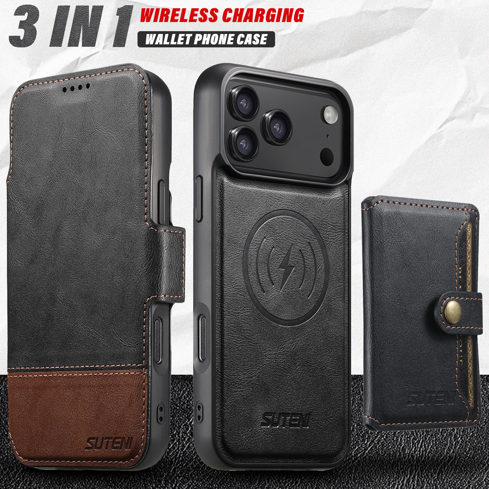 SUTENI Q06S1 Faux Leather Wireless Charging Card Holder Stand Wallet Magnetic Flip Cover Phone Case For iPhone 17 Pro Max 16 Plus 15 14 13 12