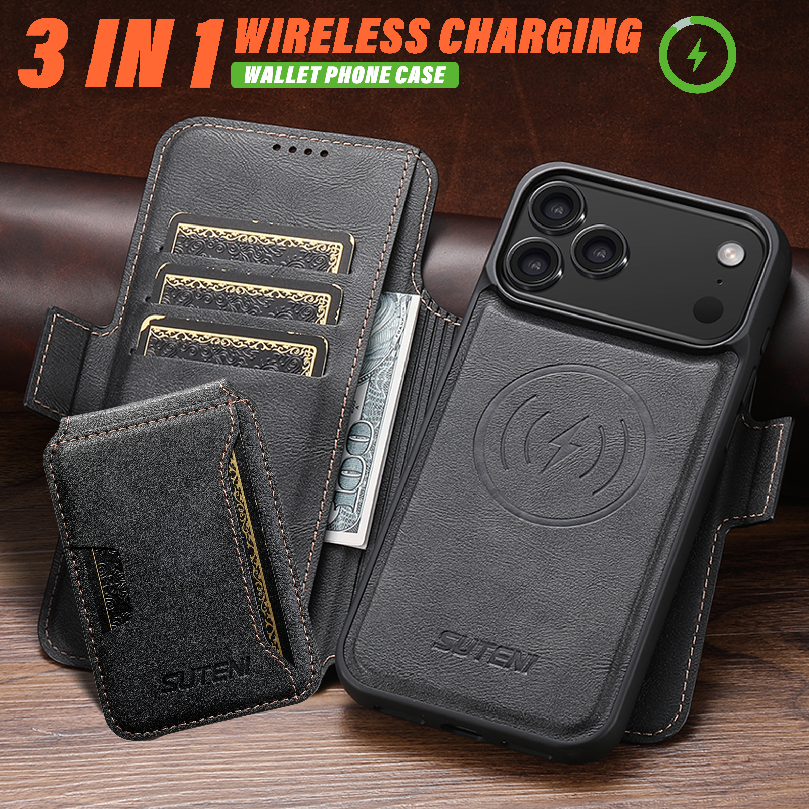 SUTENI Q06S3 Faux Leather Wireless Charging Card Holder Stand Wallet Magnetic Flip Cover Phone Case For iPhone 17 Pro Max 16 Plus 15 14 13 12